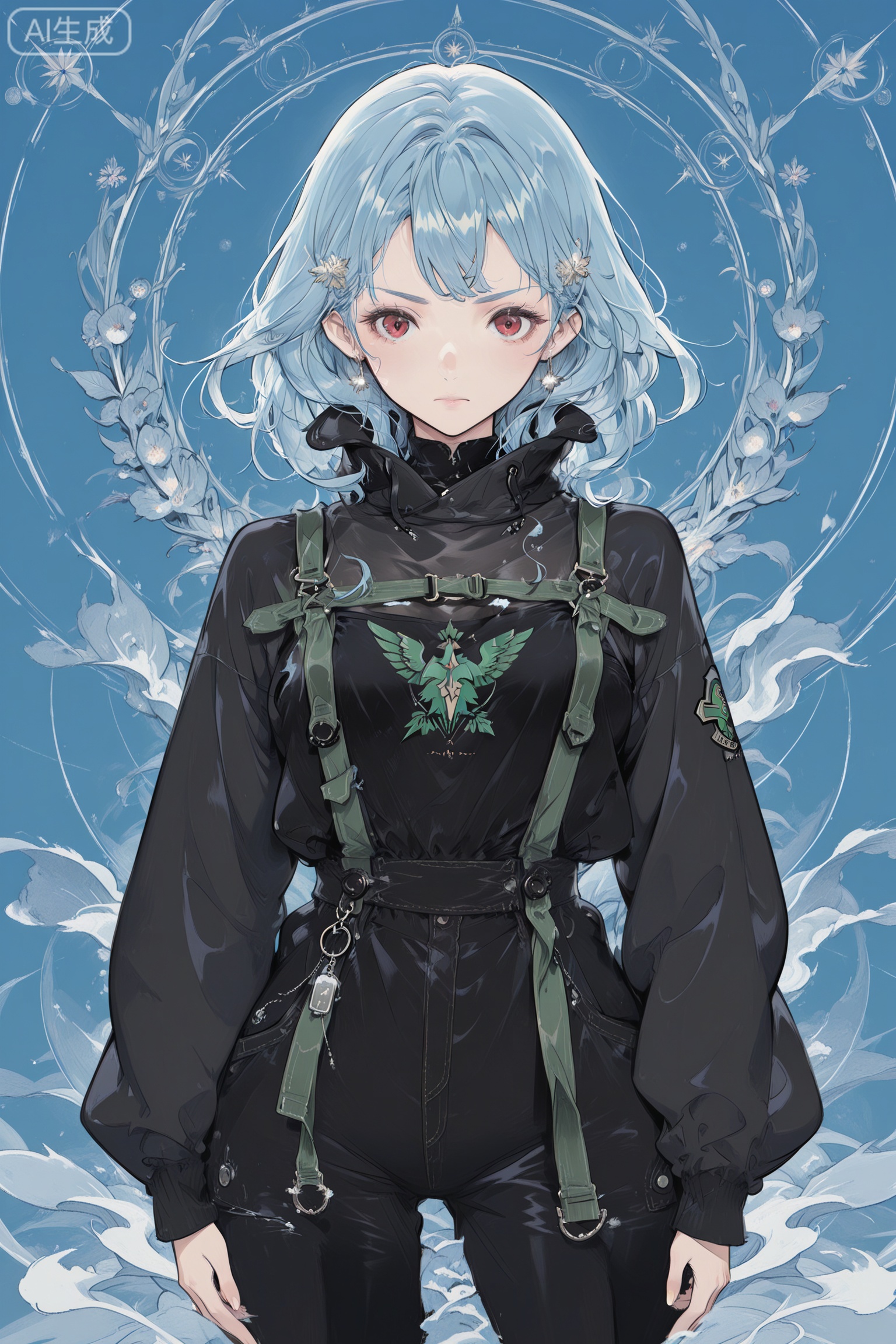  Digital art,illustration,masterpiece,best quality,art_syd style,line art,
(masterpiece,best quality),(good structure),(Good composition),(clear, original,beautiful),
an illustration of a young girl with blue hair and red eyes. She is wearing a futuristic-looking outfit with a white and black color scheme. outfit has a high collar and a red and green emblem on the chest. girl is standing in front of a pink and blue background with a hexagonal pattern. She has a serious expression on her face and is looking directly at the viewer. overall style of the illustration is anime-style.