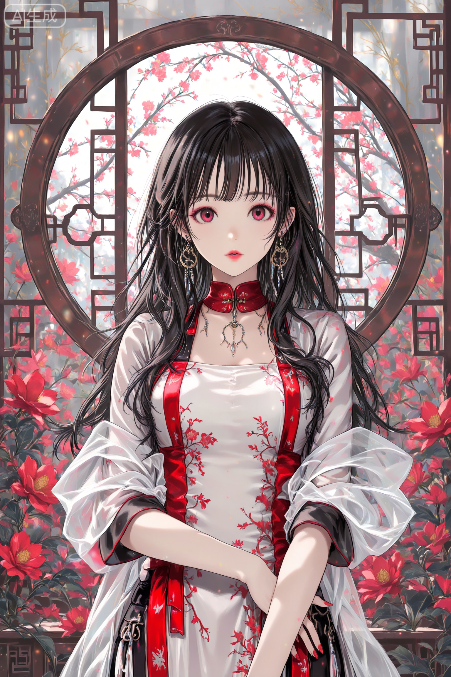  Digital art,illustration,masterpiece,best quality,art_syd style,line art,art_syd style,art_shuimo style,
(masterpiece,best quality),(good structure),(Good composition),(clear, original,beautiful),
1girl,solo,jewelry,dress,earrings,red nails,chinese clothes,red lips,white dress,shawl,necklace,standing,nail polish,lipstick,makeup,black hair,china dress,indoors,looking at viewer,