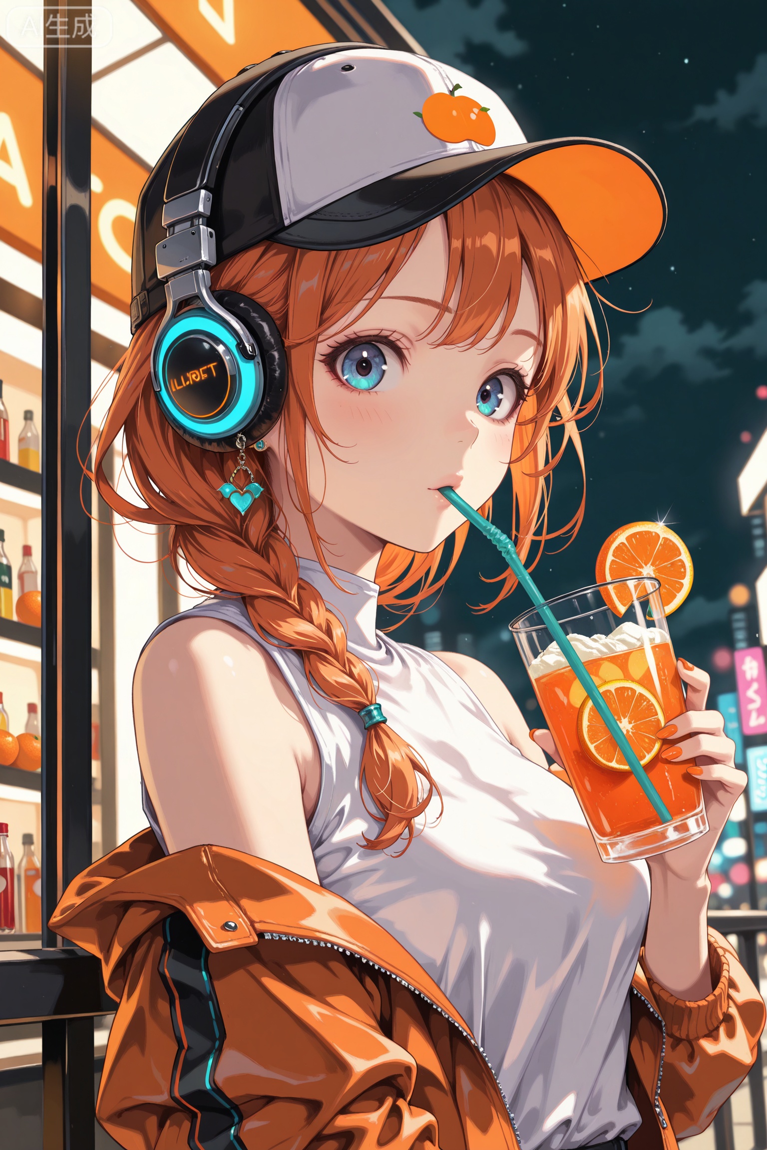  Digital art,illustration,masterpiece,best quality,art_syd style,line art,
1girl,solo,headphones,hat,orange hair,drinking straw,fruit,braid,holding,orange (fruit),cup,orange slice,blue eyes,jacket,food,heart,jewelry,earrings,drink,looking at viewer,baseball cap,orange theme,upper body,off shoulder,shirt,sleeveless,orange nails,holding cup,white shirt,sleeveless shirt,orange jacket,single braid,
//Digital art,illustration,masterpiece,best quality,night,
Delicate eyes,delicate face,
extremely detailed CG unity 8k wallpaper,extremely detailed,High Detail,vibrant colors,absolutely eye-catching,ambient occlusion,raytracing,best quality,amazing quality,very aesthetic,absurdres,available light,Cinematic Lighting,depth of field,newest,