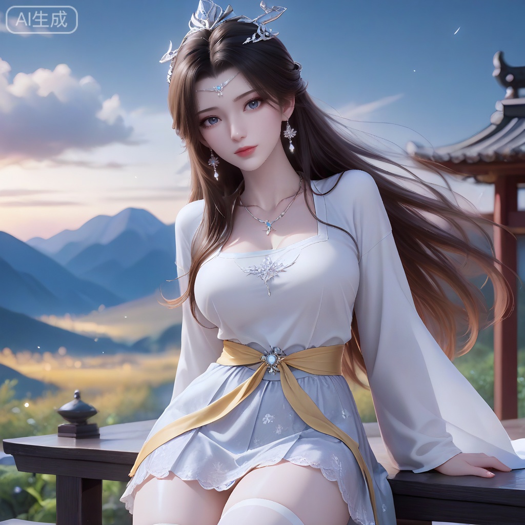 perfect eyes, long eyelashes, aged up, mature female,

limuwan, 1girl, solo, long hair, looking at viewer, shiny hair, brown hair, forehead jewelry, hair ornament, closed mouth, jewelry, earrings, necklace, blue eyes, realistic, 3d,

alternate costume, hanfu, skirt, lace skirt, thighhighs,
sitting, sitting backward, arm support,
A hermit master wears a ​off - white silk Taoist robe​ embroidered with ​mysterious Eight - Trigrams and star patterns. A ​yellow silk sash​ is tied at the waist, with a ​sword hanging from it. His long hair is tied up in a ​Taoist crown, and his face is kind and mysterious. ​Standing on the mountain top, overlooking the world, the ​flowing silk sleeves and hem of the Taoist robe flutter in the wind, ​silk catching light​ to reflect the mountain clouds and sunlight. The background is the ​cloud - shrouded peaks and the ancient Taoist temple