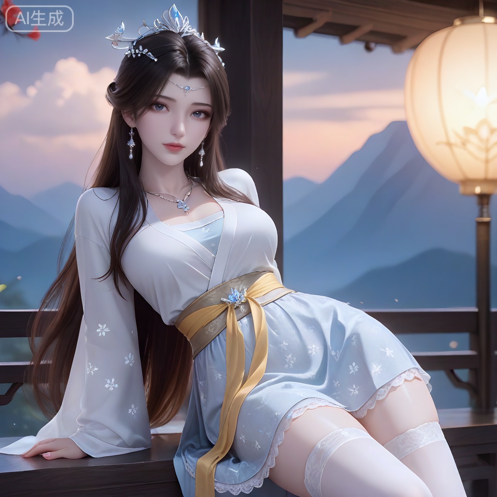 perfect eyes, long eyelashes, aged up, mature female,

limuwan, 1girl, solo, long hair, looking at viewer, shiny hair, brown hair, forehead jewelry, hair ornament, closed mouth, jewelry, earrings, necklace, blue eyes, realistic, 3d,

alternate costume, hanfu, skirt, lace skirt, thighhighs,
sitting, sitting backward, arm support,
A hermit master wears a ​off - white silk Taoist robe​ embroidered with ​mysterious Eight - Trigrams and star patterns. A ​yellow silk sash​ is tied at the waist, with a ​sword hanging from it. His long hair is tied up in a ​Taoist crown, and his face is kind and mysterious. ​Standing on the mountain top, overlooking the world, the ​flowing silk sleeves and hem of the Taoist robe flutter in the wind, ​silk catching light​ to reflect the mountain clouds and sunlight. The background is the ​cloud - shrouded peaks and the ancient Taoist temple