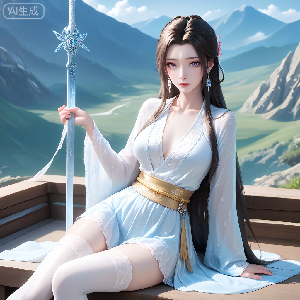 perfect eyes, long eyelashes, aged up, mature female,

luxueqi, 1girl, solo, long hair, breasts, looking at viewer, medium breasts, brown hair, black hair, hair ornament, shiny hair, closed mouth, jewelry, collarbone, earrings, sash, expressionless, facial mark, forehead mark,

alternate costume, hanfu, skirt, lace skirt, thighhighs,
sitting, sitting backward, 
A hermit master wears a ​off - white silk Taoist robe​ embroidered with ​mysterious Eight - Trigrams and star patterns. A ​yellow silk sash​ is tied at the waist, with a ​sword hanging from it. His long hair is tied up in a ​Taoist crown, and his face is kind and mysterious. ​Standing on the mountain top, overlooking the world, the ​flowing silk sleeves and hem of the Taoist robe flutter in the wind, ​silk catching light​ to reflect the mountain clouds and sunlight. The background is the ​cloud - shrouded peaks and the ancient Taoist temple