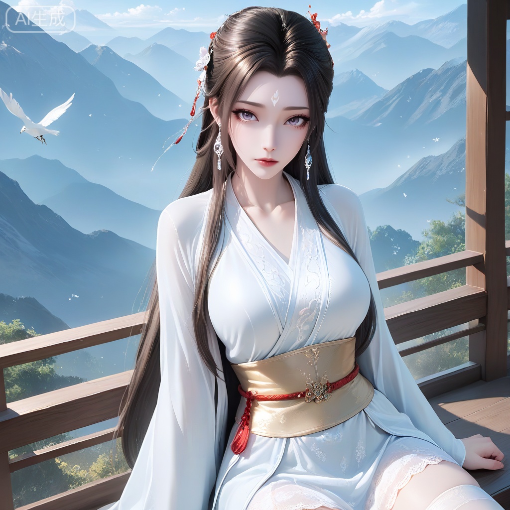 perfect eyes, long eyelashes, aged up, mature female,

luxueqi, 1girl, solo, long hair, breasts, looking at viewer, medium breasts, brown hair, black hair, hair ornament, shiny hair, closed mouth, jewelry, collarbone, earrings, sash, expressionless, facial mark, forehead mark,

alternate costume, hanfu, skirt, lace skirt, thighhighs,
sitting, sitting backward, 
A hermit master wears a ​off - white silk Taoist robe​ embroidered with ​mysterious Eight - Trigrams and star patterns. A ​yellow silk sash​ is tied at the waist, with a ​sword hanging from it. His long hair is tied up in a ​Taoist crown, and his face is kind and mysterious. ​Standing on the mountain top, overlooking the world, the ​flowing silk sleeves and hem of the Taoist robe flutter in the wind, ​silk catching light​ to reflect the mountain clouds and sunlight. The background is the ​cloud - shrouded peaks and the ancient Taoist temple