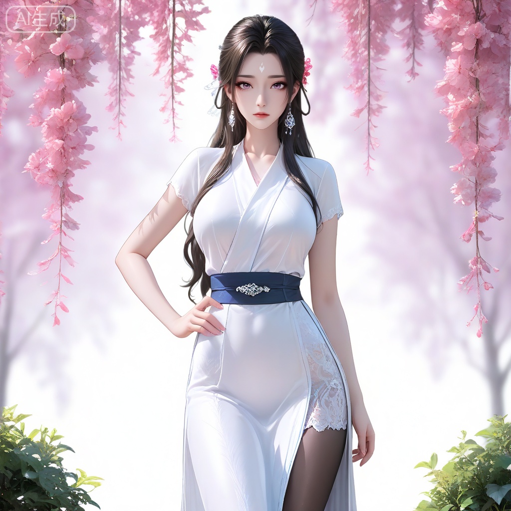 perfect eyes, long eyelashes, aged up, mature female,

luxueqi, 1girl, solo, long hair, breasts, looking at viewer, medium breasts, brown hair, black hair, hair ornament, shiny hair, closed mouth, jewelry, collarbone, earrings, sash, expressionless, facial mark, forehead mark,

alternate costume, 
masterpiece,highres,absurdres,best quality,8K,high-res detailed, skirt, lace skirt, pantyhose,
1girl, elegant magenta cheongsam with subtle side slit, high collar, short sleeves, standing beside a blooming peony bush, one hand on own hip, other resting on waist,  voluminous wavy hair pinned up, soft natural lighting, shallow depth of field, Kodak Portra film grain