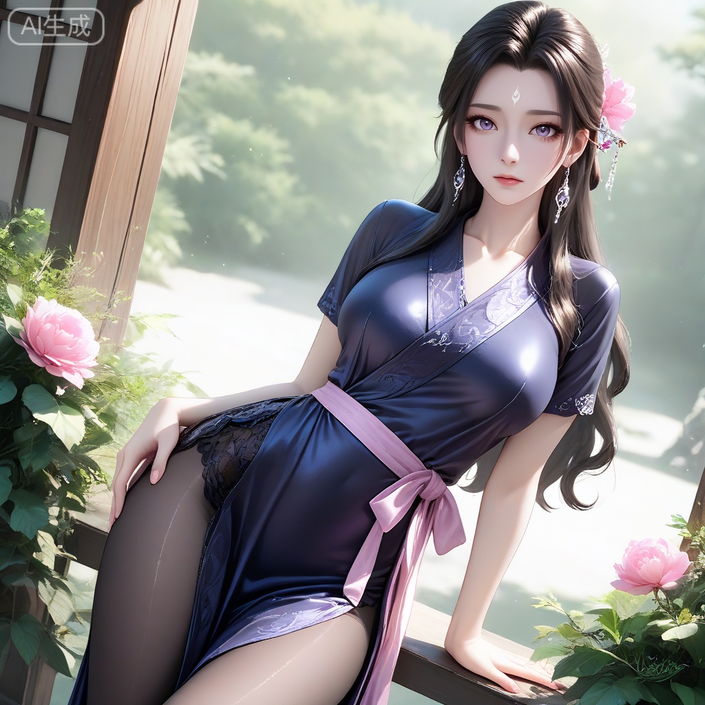 perfect eyes, long eyelashes, aged up, mature female,

luxueqi, 1girl, solo, long hair, breasts, looking at viewer, medium breasts, brown hair, black hair, hair ornament, shiny hair, closed mouth, jewelry, collarbone, earrings, sash, expressionless, facial mark, forehead mark,

alternate costume, 
masterpiece,highres,absurdres,best quality,8K,high-res detailed, skirt, lace skirt, pantyhose,
1girl, elegant magenta cheongsam with subtle side slit, high collar, short sleeves, standing beside a blooming peony bush, one hand on own hip, other resting on waist,  voluminous wavy hair pinned up, soft natural lighting, shallow depth of field, Kodak Portra film grain