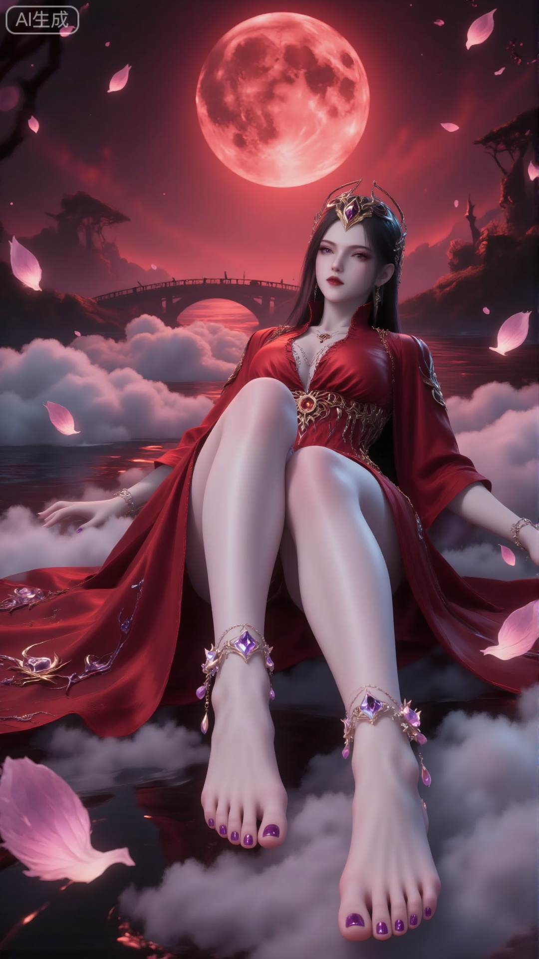 This photograph depicts a serene and ethereal scene. In the background,  there is a huge and bright red moon,  surrounded...