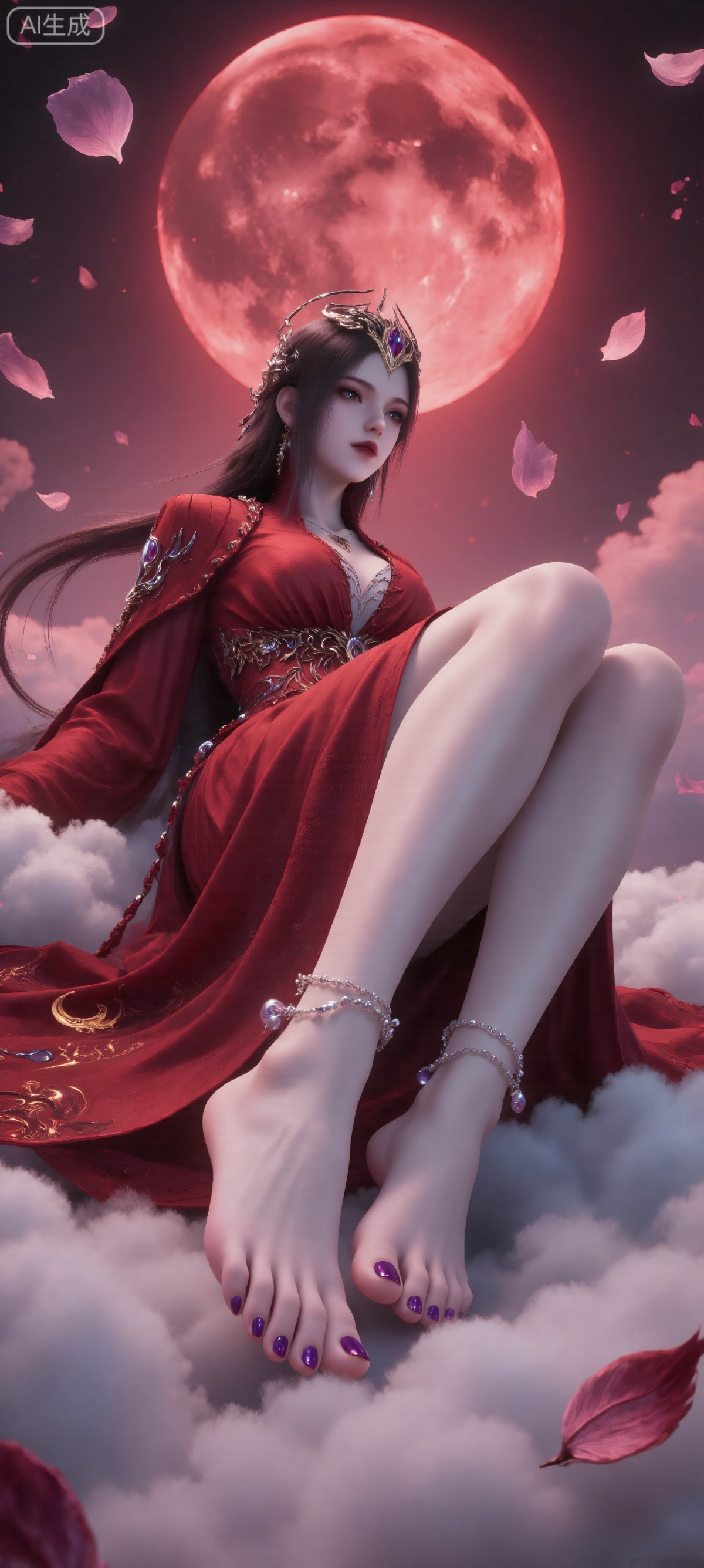 This photograph depicts a serene and ethereal scene. In the background,  there is a huge and bright red moon,  surrounded...
