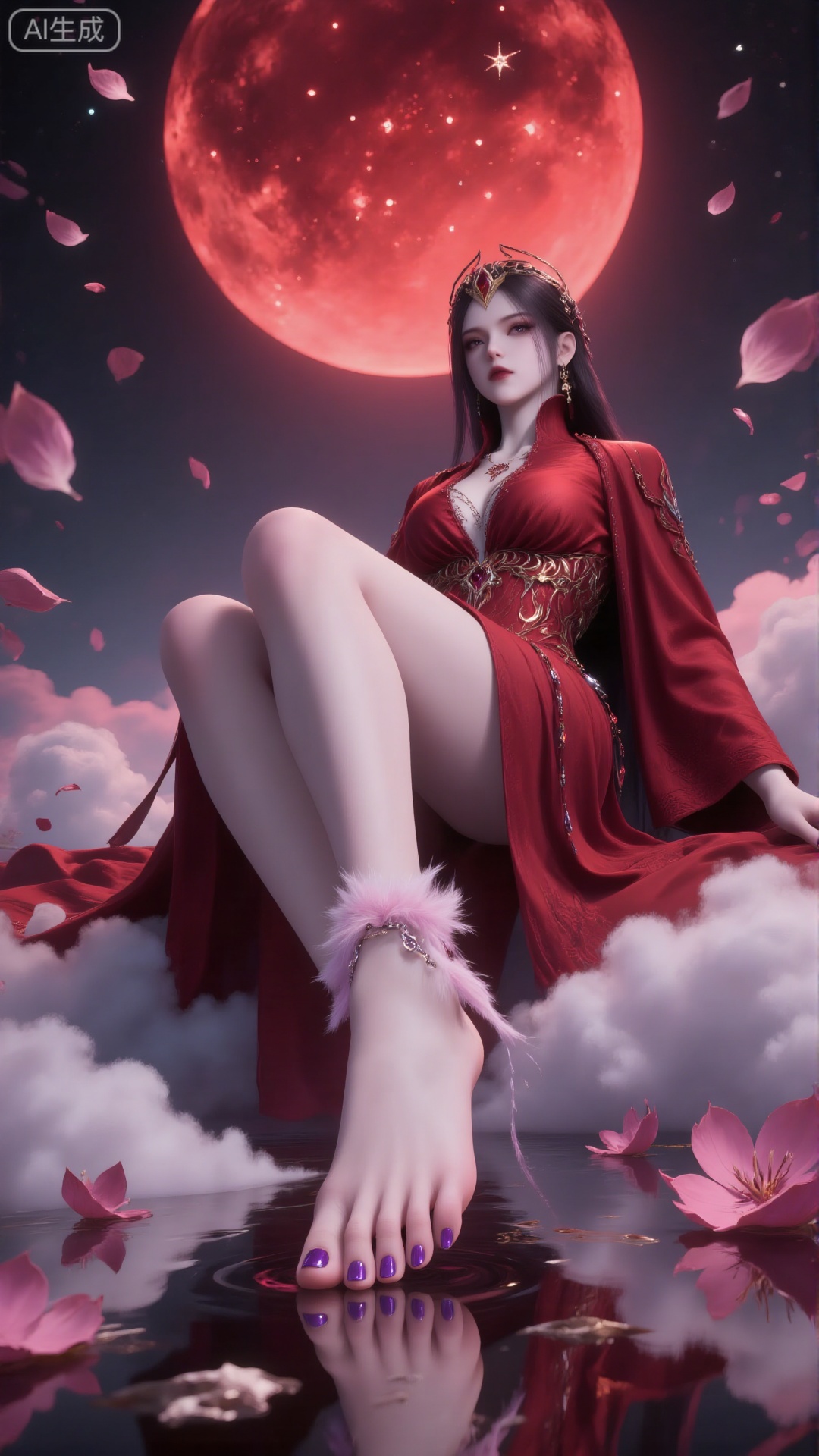 This photograph depicts a serene and ethereal scene. In the background,  there is a huge and bright red moon,  surrounded...
