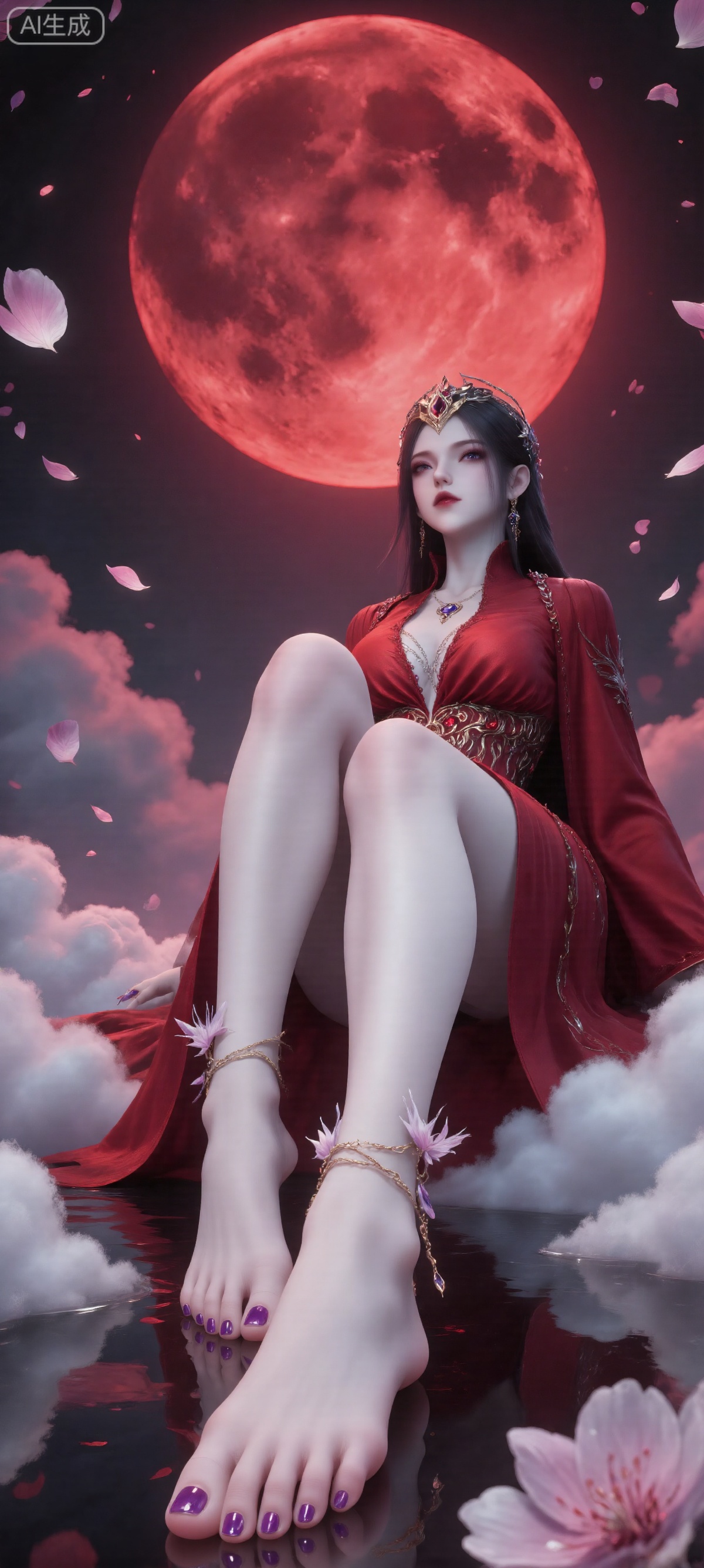 This photograph depicts a serene and ethereal scene. In the background,  there is a huge and bright red moon,  surrounded...