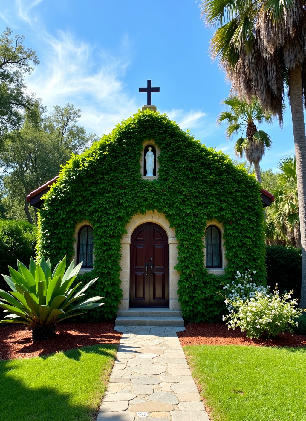 This is a picturesque,  sunlit photograph of a charming,  ivy-covered chapel or small church nestled in a lush on Tensor.Art
