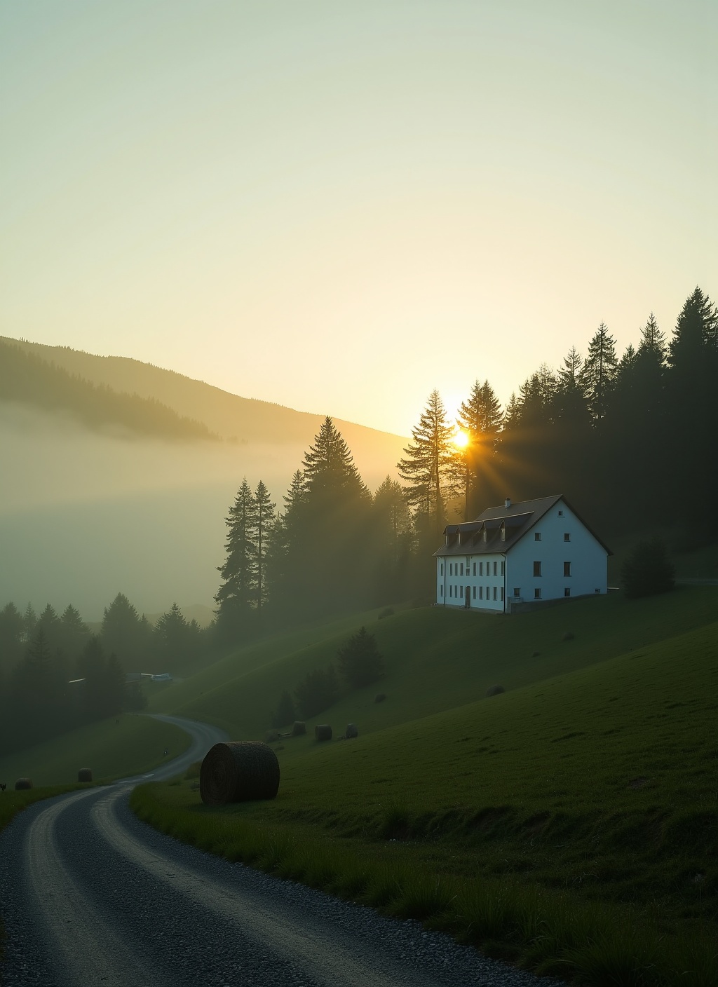 This is a breathtaking,  atmospheric landscape photograph capturing a misty sunrise in a rural,  mountainous valley. The s...