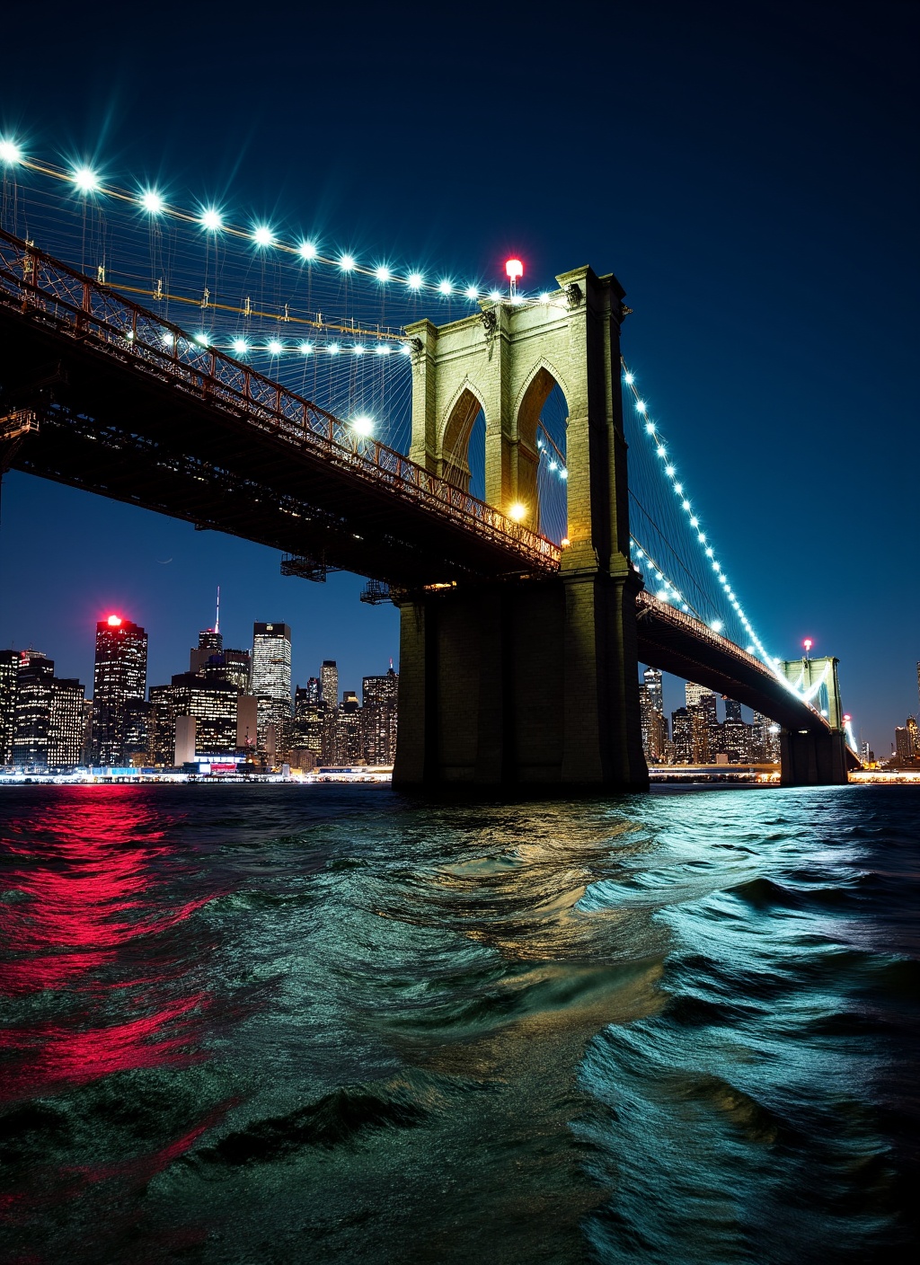 This is a stunning nighttime photograph capturing the Brooklyn Bridge from a vantage point on the water,  likely from a bo...