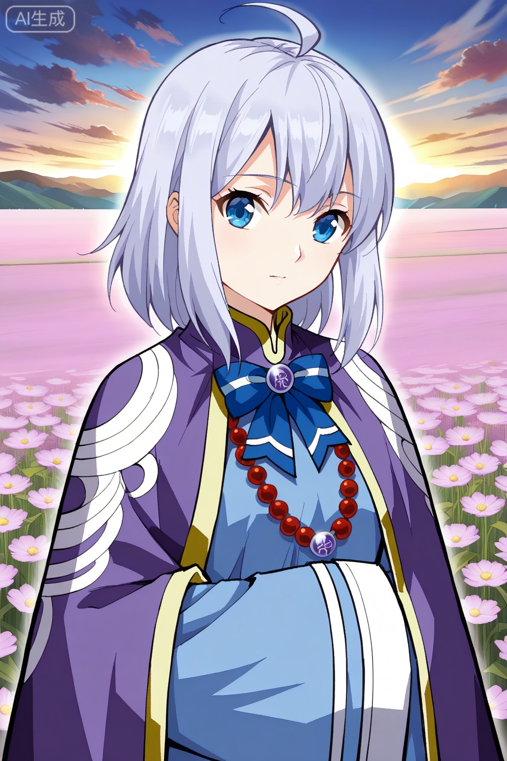 flower field,flower field,



upper body,looking at viewer,

丹晨,masterpiece,best quality,official art,extremely detailed CG unity 8k wallpaper,1girl, solo, silver hair, short hair, ahoge, anime style, bangs, blue eyes,long robe, traditional clothes, fantasy outfit, purple cloak, wide sleeves, long sleeves, sleeves past fingers, blue inner dress, gradient design, decorative embroidery, formal uniform, layered clothing, blue bowtie, ribbon brooch, gemstone brooch, bead necklace, detailed trim,