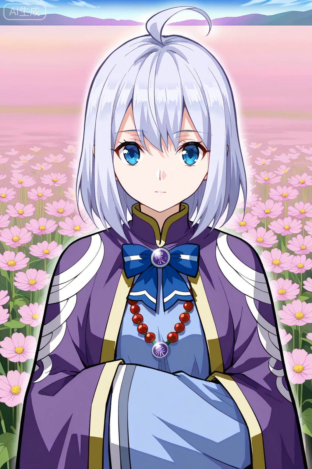 flower field,flower field,



upper body,looking at viewer,

丹晨,masterpiece,best quality,official art,extremely detailed CG unity 8k wallpaper,1girl, solo, silver hair, short hair, ahoge, anime style, bangs, blue eyes,long robe, traditional clothes, fantasy outfit, purple cloak, wide sleeves, long sleeves, sleeves past fingers, blue inner dress, gradient design, decorative embroidery, formal uniform, layered clothing, blue bowtie, ribbon brooch, gemstone brooch, bead necklace, detailed trim,