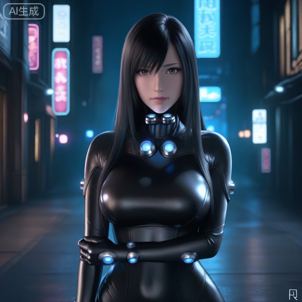 reika, 1girl, solo, long hair, breasts, large breasts, black hair, long straight black hair, closed mouth, brown eyes, lips, 
perfect eyes, long eyelashes,
bodysuit, skin tight, nose, realistic, black glossy bodysuit, neon trim, blue circular glowing accents, metallic neck device, cyberpunk style, blue lighting accents,
outdoors, street, 
cowboy_shot, looking at viewer, arm crossed,