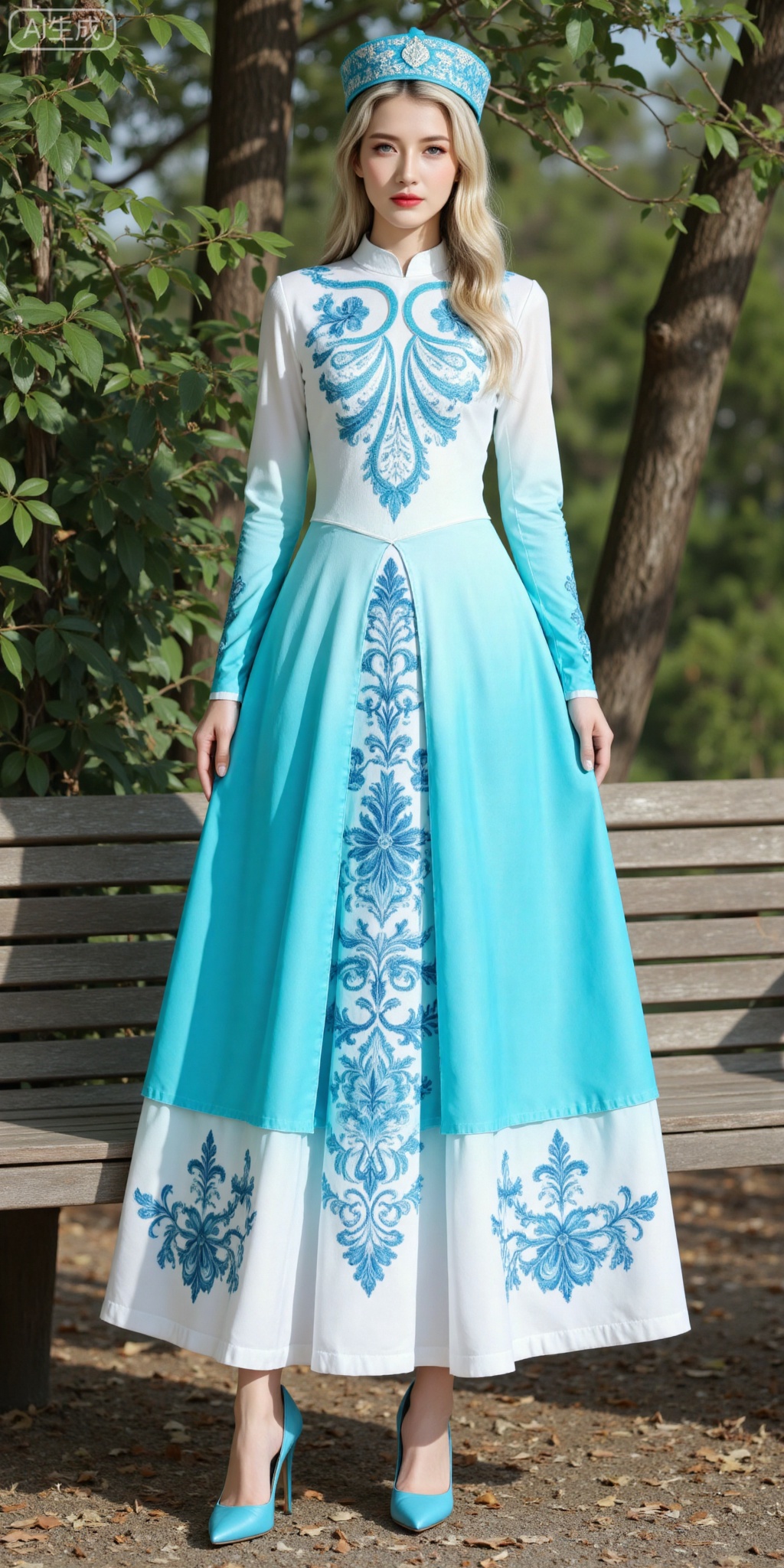 1girl,solo,long hair,fair_skin,blonde hair,(blue eyes:1.2),(sitting:1.3),
solo,dress,long sleeves,print dress,blue dress,hat,full body,1girl,standing,high heels,front view,,bench,
lvjing,,meinv,oumei,taozhuang,pifu,nature,blurry_background,leaf,huizu,