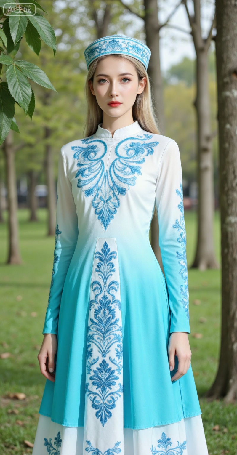 1girl,solo,long hair,fair_skin,blonde hair,(blue eyes:1.2)looking_at_viewer,
solo,dress,long sleeves,print dress,standing,blue dress,hat,girl,standing,front view,upper body,
lvjing,,meinv,oumei,taozhuang,pifu,nature,blurry_background,leaf,huizu,