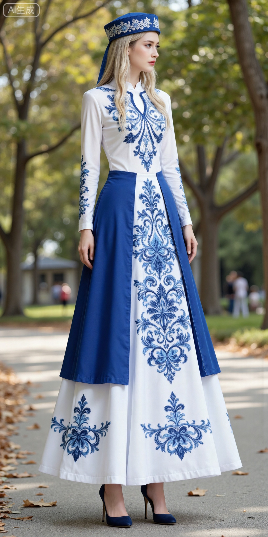 1girl,solo,long hair,fair_skin,jacket,shirt,skirt,blonde hair,(blue eyes:1.2)
solo,dress,long sleeves,print dress,standing,from behind,blue dress,hat,full body,1girl,standing,high heels,
lvjing,,meinv,oumei,taozhuang,pifu,nature,blurry_background,leaf,huizu