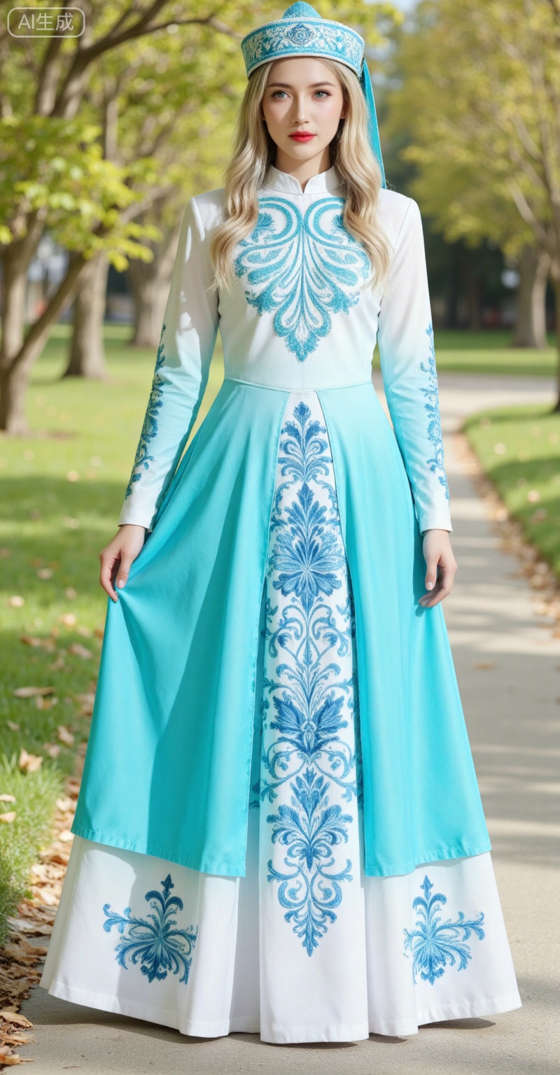 1girl,solo,long hair,fair_skin,jacket,shirt,skirt,blonde hair,(blue eyes:1.2)looking_at_viewer,
solo,dress,long sleeves,print dress,standing,blue dress,hat,girl,standing,front view,upper body,
lvjing,,meinv,oumei,taozhuang,pifu,nature,blurry_background,leaf,huizu,