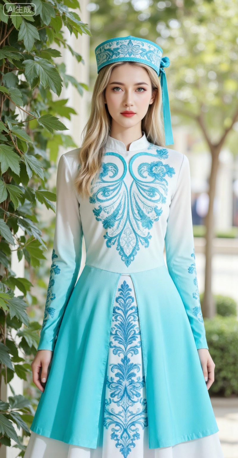 1girl,solo,long hair,fair_skin,jacket,shirt,skirt,blonde hair,(blue eyes:1.2)looking_at_viewer,
solo,dress,long sleeves,print dress,standing,blue dress,hat,girl,standing,front view,upper body,
lvjing,,meinv,oumei,taozhuang,pifu,nature,blurry_background,leaf,huizu,