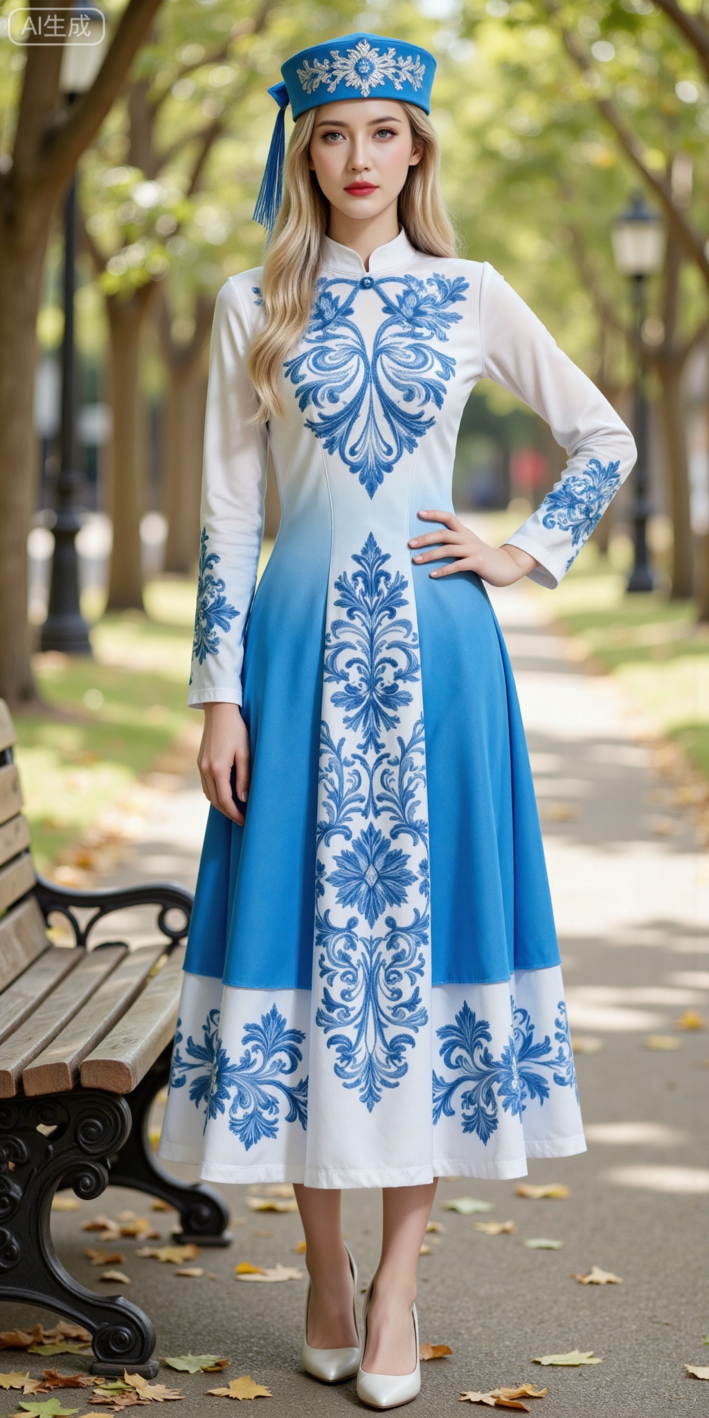 1girl,solo,long hair,fair_skin,blonde hair,(blue eyes:1.2)
solo,dress,long sleeves,print dress,blue dress,hat,full body,1girl,standing,high heels,front view,(sitting:1.3),bench,
lvjing,,meinv,oumei,taozhuang,pifu,nature,blurry_background,leaf,huizu,