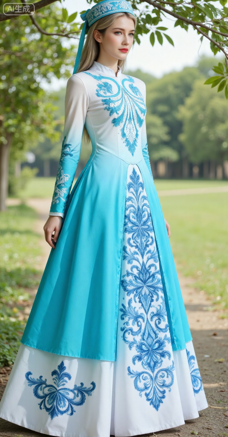 1girl,solo,long hair,fair_skin,blonde hair,(blue eyes:1.2)looking_at_viewer,
solo,dress,long sleeves,print dress,standing,blue dress,hat,girl,standing,front view,upper body,
lvjing,,meinv,oumei,taozhuang,pifu,nature,blurry_background,leaf,huizu,