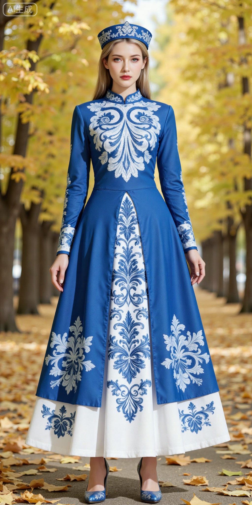 1girl,solo,long hair,fair_skin,jacket,shirt,skirt,blonde hair,(blue eyes:1.2)
solo,dress,long sleeves,print dress,standing,blue dress,hat,full body,1girl,standing,high heels,front view,
lvjing,,meinv,oumei,taozhuang,pifu,nature,blurry_background,leaf,huizu,