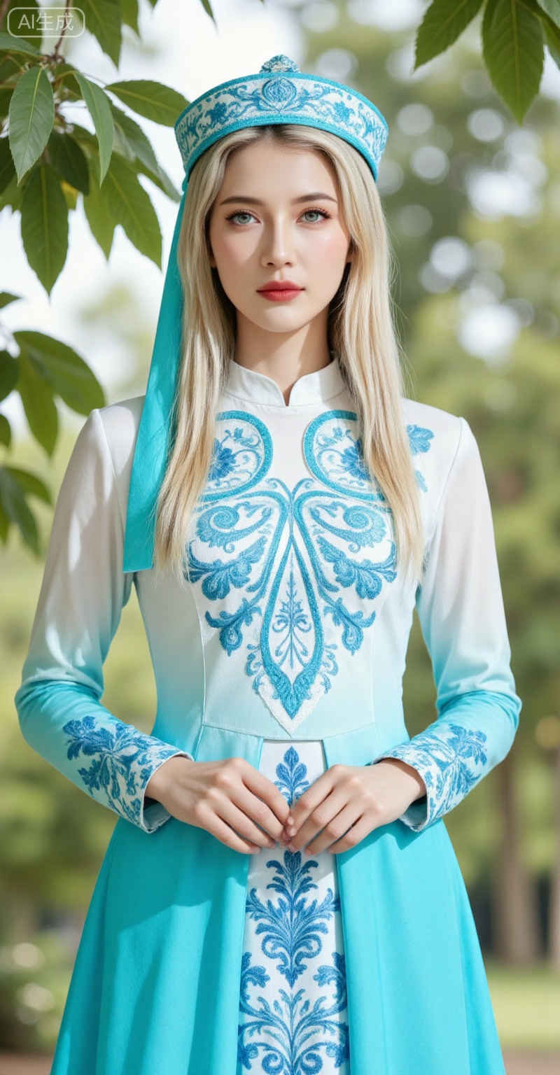 1girl,solo,long hair,fair_skin,jacket,shirt,skirt,blonde hair,(blue eyes:1.2)looking_at_viewer,
solo,dress,long sleeves,print dress,standing,blue dress,hat,girl,standing,front view,upper body,
lvjing,,meinv,oumei,taozhuang,pifu,nature,blurry_background,leaf,huizu,