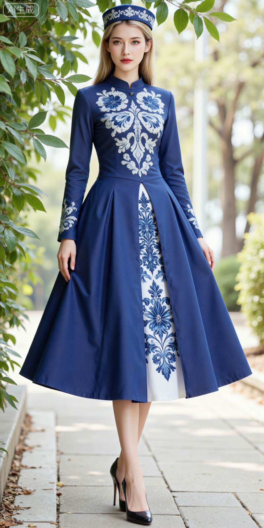 1girl,solo,long hair,fair_skin,jacket,shirt,skirt,blonde hair,(blue eyes:1.2)
solo,dress,long sleeves,print dress,standing,blue dress,hat,full body,1girl,standing,high heels,front view,
lvjing,,meinv,oumei,taozhuang,pifu,nature,blurry_background,leaf,huizu,