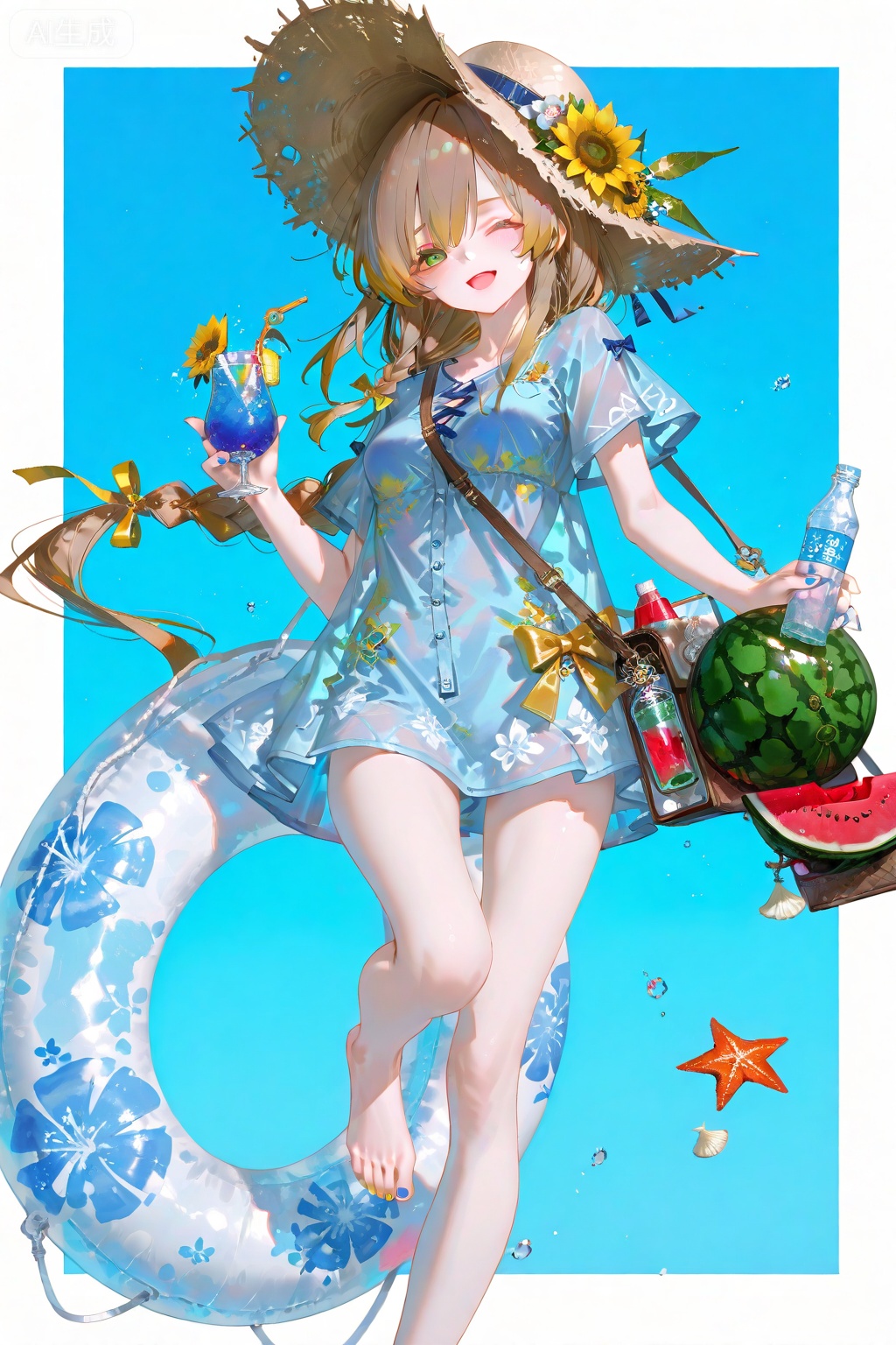 1girl, solo, long hair, breasts, looking at viewer, blush, smile, open mouth, bangs, blonde hair, brown hair, shirt, hat, bow, ribbon, holding, jewelry, very long hair, green eyes, standing, full body, hair ribbon, braid, flower, short sleeves, hair bow, one eye closed, food, barefoot, bag, nail polish, cup, see-through, single braid, toes, fruit, blue background, sandals, standing on one leg, ;d, bottle, blue shirt, two-tone background, yellow bow, blue nails, innertube, toenails, sun hat, drinking straw, yellow ribbon, shoulder bag, straw hat, sunflower, hat flower, toenail polish, watermelon, shell, yellow nails, starfish ,(Tyndall Effect 1.4), (wlop:0.6),((artist:reoen),Majo no Tabitabi,[artist:wlop],[artist:ningen_mame],artist:ciloranko,[[artist:rhasta]],artist:tidsean,colorful,best quality,very aesthetic,absurdres,32K UHD,sharp focus,best-quality,Emotionalization,temperate atmosphere,with a high-end texture,in the style of fashion photography,Dynamic, dynamic force picture, (Visual impact:1.2),impactful picture,offcial art