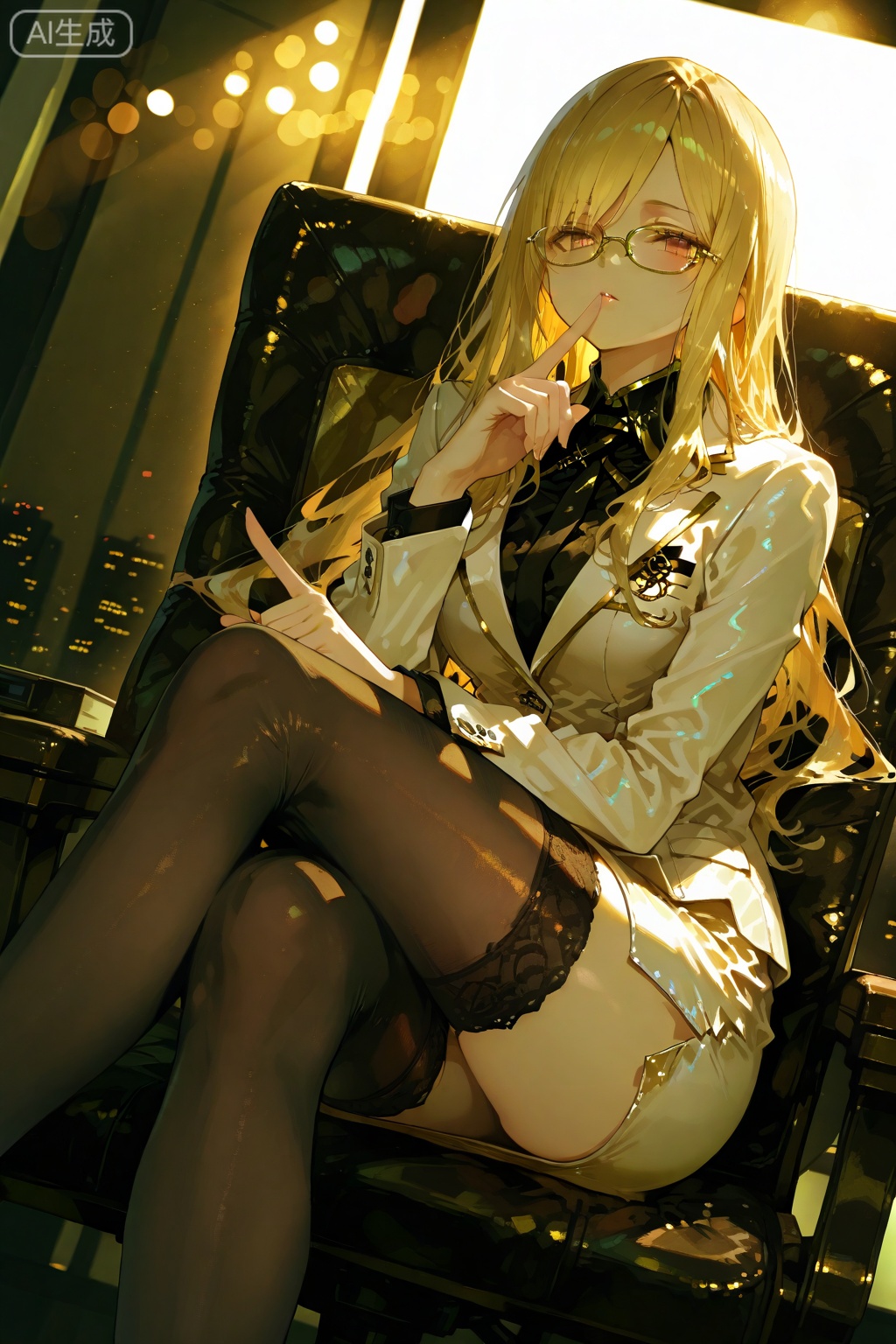 Dutch angle, cinematic lighting, beautiful secretary in gold-rimmed glasses, tight white business suit, center-parted bangs, long hair, tight skirt, stockings, sitting with legs crossed, cool gaze, index finger pressed to lips, spacious executive office in the background