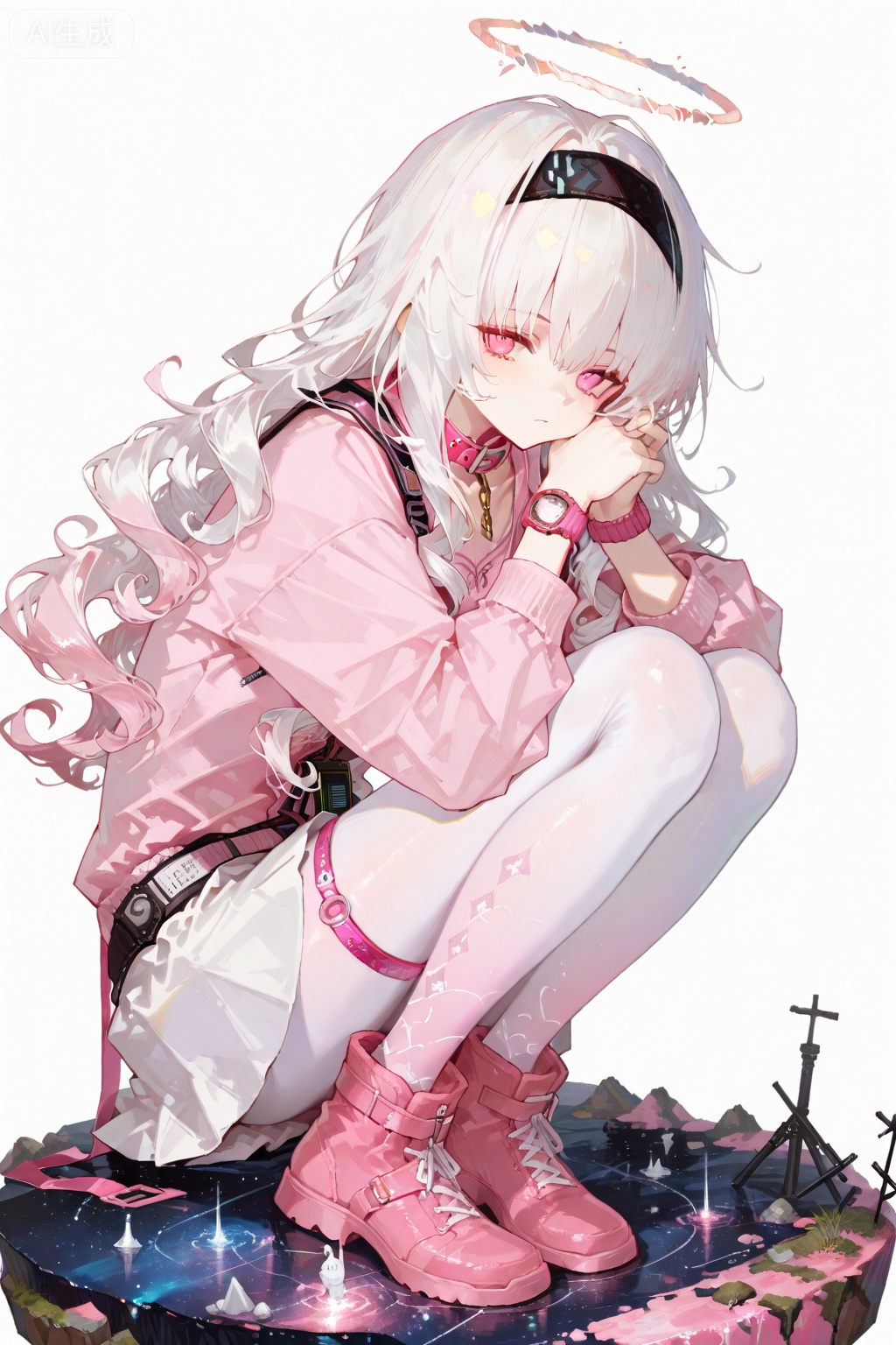 BJLH,official art,game art,diorama,white background,Arknights style,1girl,solo,white hair,pink gradient hair,curly hair,long hair,light red eyes,light red halo,pink and white jacket,light pink shirt,white short skirt,white_pantyhose,pink watch,pink collar,pink leg ring,full body,black headband,