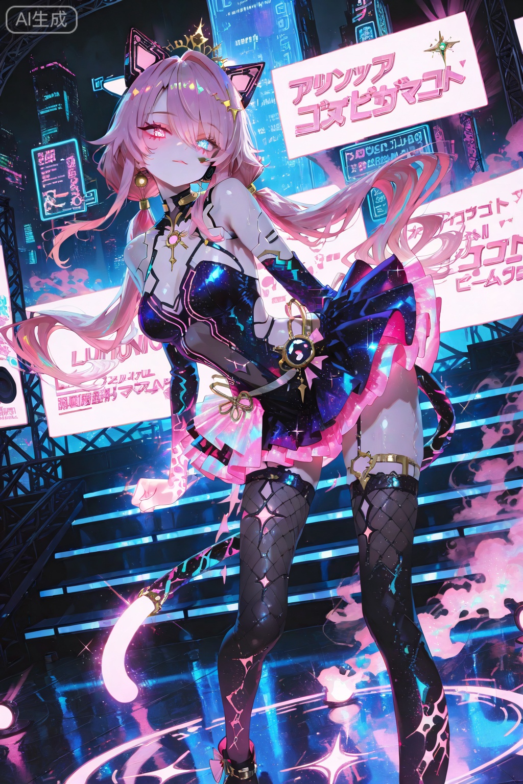 high quality, perfect photography, ultra-detailed,  
long pink hair, luminous heterochromia eyes, glitter eye makeup, dramatic long eyelashes, charming expression full of confidence,  
shimmering holographic sequin stage dress, layered mini skirt, black fishnet stockings, glossy neon high platform shoes, glowing LED accessories,  
futuristic concert stage, giant hologram display, colorful laser spotlights, neon-colored stage smoke, 3D floating visual effects,  
cyberpunk night city, skyscrapers with neon lights, holographic billboards, light reflections on wet ground,  
dynamic concert atmosphere, energetic idol performance, cyber idol vibe, kawaii black mascot cat companion, playful pose