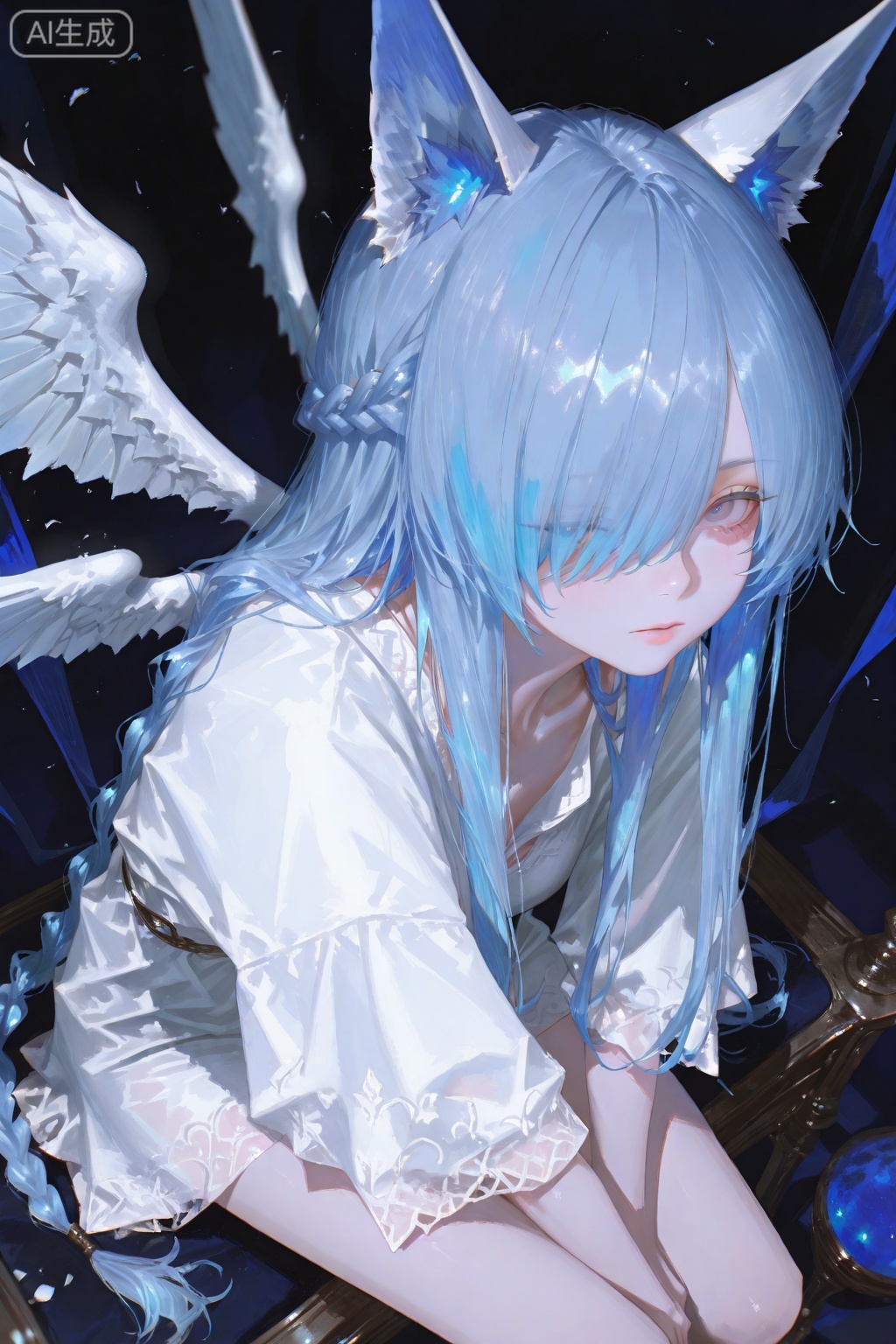 1girl,animal ears,blue hair,long hair,blue eyes,hair over one eye,solo,sitting,braid,looking at viewer,wings,/////,absurdres,realistic,best quality,masterpiece,high-end texture,UE5 rendering,amazing quality,fantasy,perspective,depth of field,realistic anatomy,reoen​​,(dark background:0.1