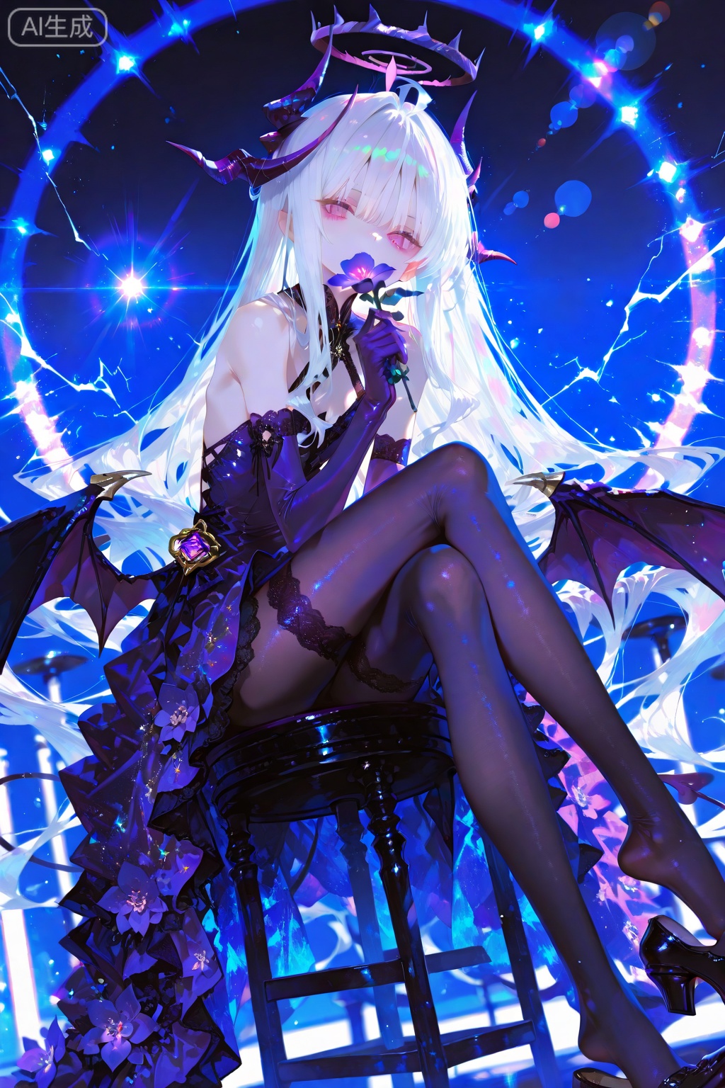 depth of field, light particles, lens flare,extreme aesthetic,masterpiece,best quality,good quality,very aesthetic,absurdres,Visual impact,Electromotive force, perspective composition, A shot with tension, ultra-high resolution,32K UHD,sharp focus,best quality,masterpiece,Emotionalization masterpiece, unconventional supreme,masterful details,with a high end texture,in the style of fashion photography, (Visual impact:1.2),giving the poster a dynamic and visually striking appearance,impactful picture,offcial art,colorful ,splash of color, movie perspective, masterpiece,best quality,amazing quality,very aesthetic, absurdres,best quality,newest,skinny, 1girl, solo, long hair, looking at viewer, bangs, simple background, gloves, dress, holding, bare shoulders, sitting, very long hair, purple eyes, full body, flower, ahoge, white hair, pantyhose, sidelocks, wings, horns, shoes, alternate costume, elbow gloves, halo, demon girl, demon horns, purple dress, demon wings, purple flower, low wings, purple gloves, single shoe, multiple horns, purple horns,blue theme,crossed legs, lace trim, lace-trimmed legwear, single shoe, stool, shoe dangle,