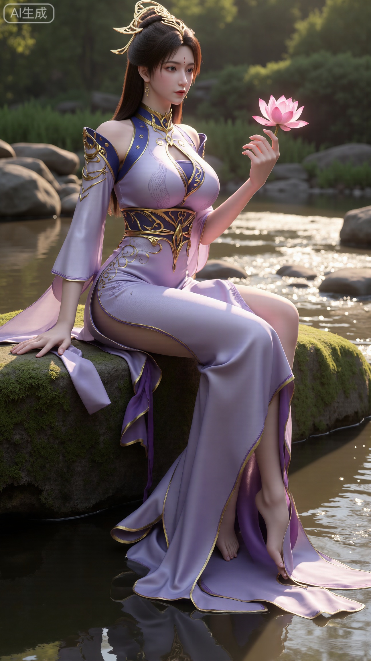 (masterpiece:1.3), ultra-detailed, 8k, photorealistic, best quality, cinematic lighting, volumetric sunlight, soft shadows, subsurface scattering, depth of field,  
A stunning young woman sits gracefully barefoot on a moss-covered rock beside a crystal-clear stream in a tranquil forest. The sunlight filters through the trees, casting dappled golden light on her smooth skin and the rippling water.  
She wears an exquisite long dress with fine pink and gold embroidery across the chest and short sleeves. Her long, dark hair flows naturally over her shoulders, softly illuminated by the warm light.  
Her bare feet touch the cool moss and shallow water, adding a sense of intimacy and realism. One hand rests gently on her hip, while the other holds a blooming lotus flower, her expression calm and serene.  
Mist rises gently from the water, with reflections dancing on the surface, creating a peaceful, ethereal atmosphere.  
(background with mossy stones, flowing stream, forest sunlight, soft haze, and gentle reflections:1.6), (realistic skin texture:1.3), (natural color tones:1.3), (film look:1.2)
(huge breasts:2.99),(full breasts:2.99),,
,XbaifengsongyuYH,Xbigbreasts,,XtianqiongYH,XhanyunzhiXYH,XanmyXY,XmupeilingX,XmupeilingX2,Xchangtui,XmuplXY,XmupeilingXY2,XanmiaoyiXY,XchuxuanerXZ,XxuxinXZ,XchuxuanerXG