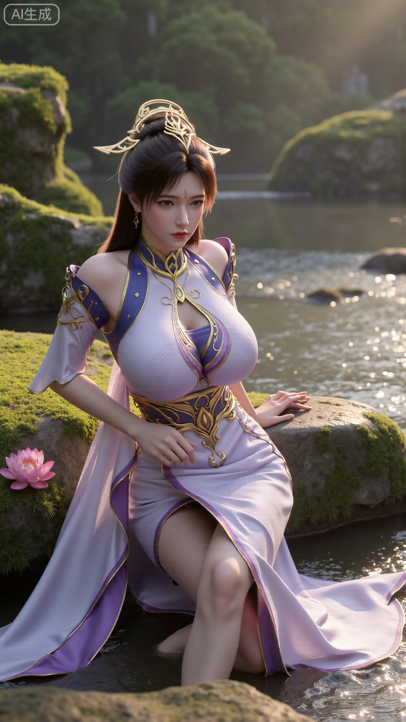 (masterpiece:1.3), ultra-detailed, 8k, photorealistic, best quality, cinematic lighting, volumetric sunlight, soft shadows, subsurface scattering, depth of field,  
A stunning young woman sits gracefully barefoot on a moss-covered rock beside a crystal-clear stream in a tranquil forest. The sunlight filters through the trees, casting dappled golden light on her smooth skin and the rippling water.  
She wears an exquisite long dress with fine pink and gold embroidery across the chest and short sleeves. Her long, dark hair flows naturally over her shoulders, softly illuminated by the warm light.  
Her bare feet touch the cool moss and shallow water, adding a sense of intimacy and realism. One hand rests gently on her hip, while the other holds a blooming lotus flower, her expression calm and serene.  
Mist rises gently from the water, with reflections dancing on the surface, creating a peaceful, ethereal atmosphere.  
(background with mossy stones, flowing stream, forest sunlight, soft haze, and gentle reflections:1.6), (realistic skin texture:1.3), (natural color tones:1.3), (film look:1.2)
(huge breasts:2.99),(full breasts:2.99),,
,XbaifengsongyuYH,Xbigbreasts,,XtianqiongYH,XhanyunzhiXYH,XanmyXY,XmupeilingX,XmupeilingX2,Xchangtui,XmuplXY,XmupeilingXY2,XanmiaoyiXY,XchuxuanerXZ,XxuxinXZ,XchuxuanerXG
