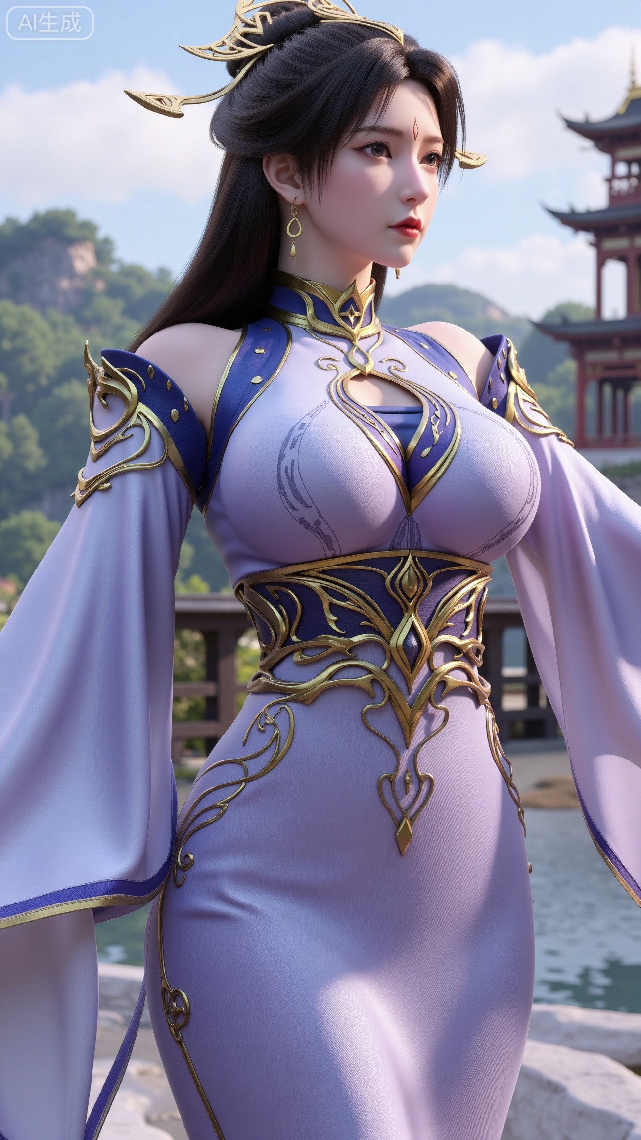 (masterpiece, best quality:1.2),1 girl, solo, long hair, black hair, hair accessories, clothing, cleavage cuts, long dress, jewelry, upper body, earrings. Background is outdoor, sky, clouds, water, trees, architecture, landscape, lantern, mountain, dragon, architecture, bridge, east Asian architecture, fog, pagoda,,(huge breasts:2.99),(full breasts:2.99),, 
,XbaifengsongyuYH,Xbigbreasts,,XmuplXY,XmupeilingXY2,XanmiaoyiXY,XchuxuanerXZ,XxuxinXZ,XchuxuanerXG