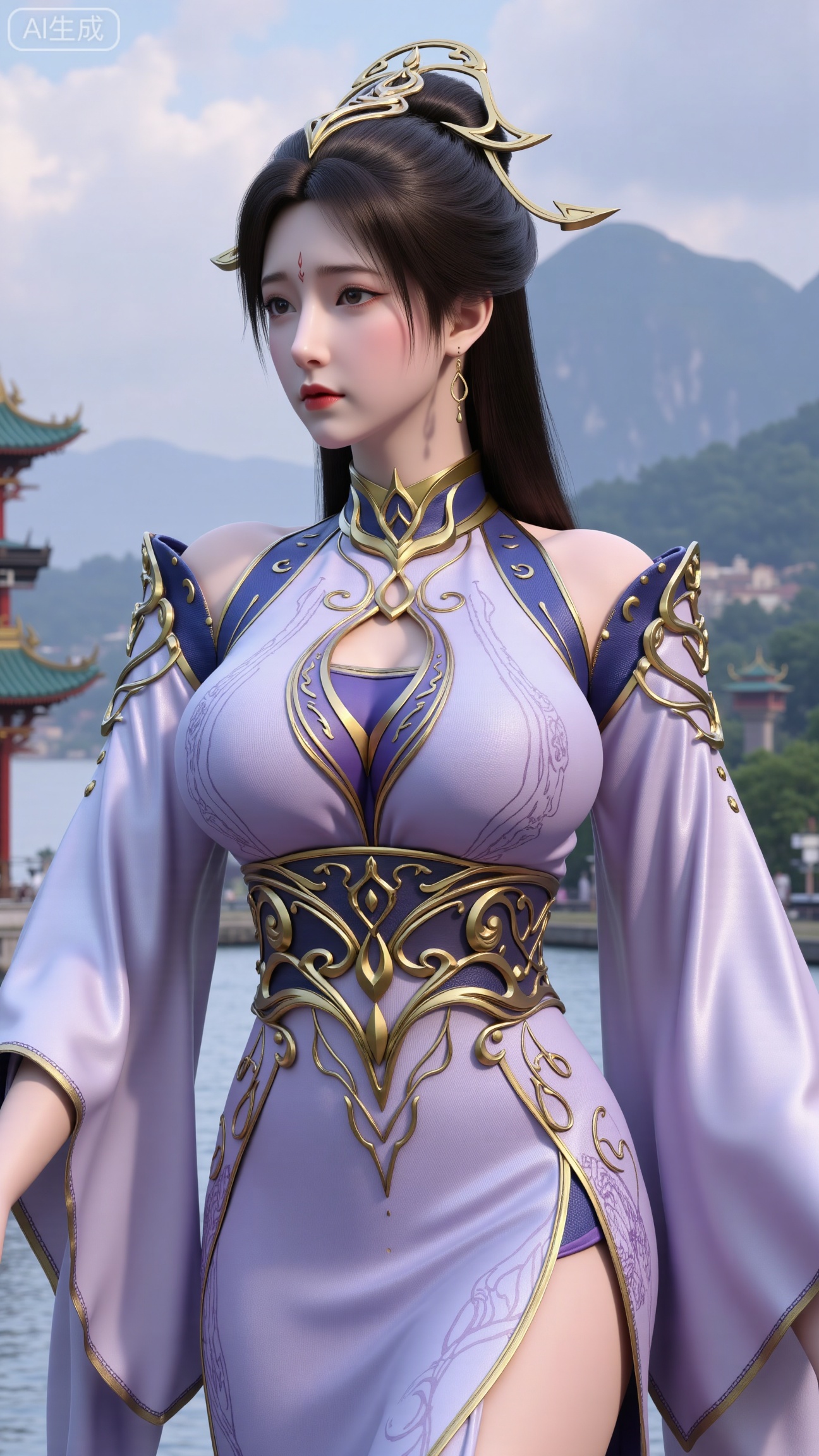 (masterpiece, best quality:1.2),1 girl, solo, long hair, black hair, hair accessories, clothing, cleavage cuts, long dress, jewelry, upper body, earrings. Background is outdoor, sky, clouds, water, trees, architecture, landscape, lantern, mountain, dragon, architecture, bridge, east Asian architecture, fog, pagoda,,(huge breasts:2.99),(full breasts:2.99),, 
,XbaifengsongyuYH,Xbigbreasts,,XmuplXY,XmupeilingXY2,XanmiaoyiXY,XchuxuanerXZ,XxuxinXZ,XchuxuanerXG