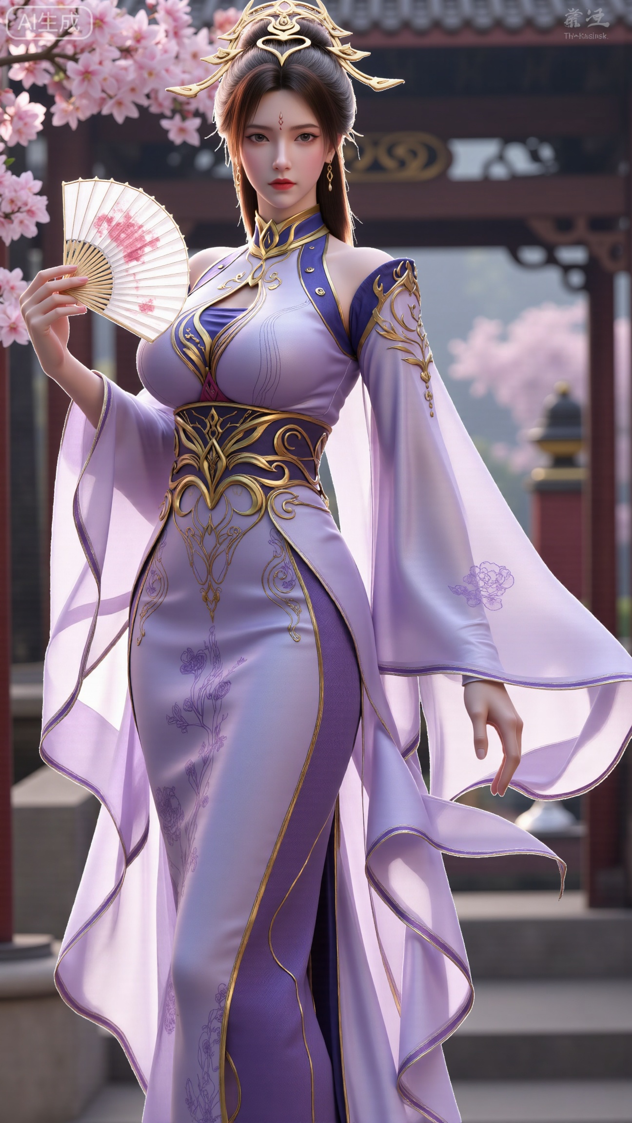 (masterpiece, best quality:1.23)A long - legged ancient - style courtesan girl, wearing a gorgeous and lightweight brocade ruqun. The hem of the skirt is embroidered with delicate peony patterns, with bright colors. She wears a semi - transparent gauze cape, fluttering in the wind. Her hair is combed into a complex bun, adorned with gold hairpins and pearl - jade headdresses, red ruby earrings on her ears, and a jade necklace around her neck. Holding a folding fan painted with orchids, standing in front of an antique pavilion, with a blooming peach tree behind her, showing a charming and amorous style,(huge breasts, full breasts:2.98), , 
,XbaifengsongyuYH,Xbigbreasts,,XmuplXY,XmupeilingXY2,XanmiaoyiXY,XchuxuanerXZ,XxuxinXZ,XchuxuanerXG