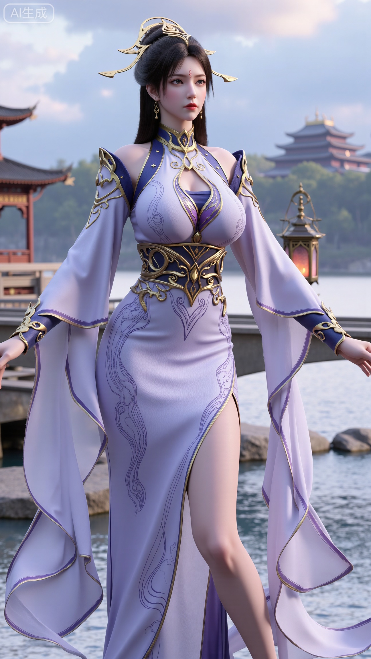 (masterpiece, best quality:1.2),1 girl, solo, long hair, black hair, hair accessories, clothing, cleavage cuts, long dress, jewelry, upper body, earrings. Background is outdoor, sky, clouds, water, trees, architecture, landscape, lantern, mountain, dragon, architecture, bridge, east Asian architecture, fog, pagoda,,(huge breasts:2.99),(full breasts:2.99),, 
,XbaifengsongyuYH,Xbigbreasts,,XmuplXY,XmupeilingXY2,XanmiaoyiXY,XchuxuanerXZ,XxuxinXZ,XchuxuanerXG