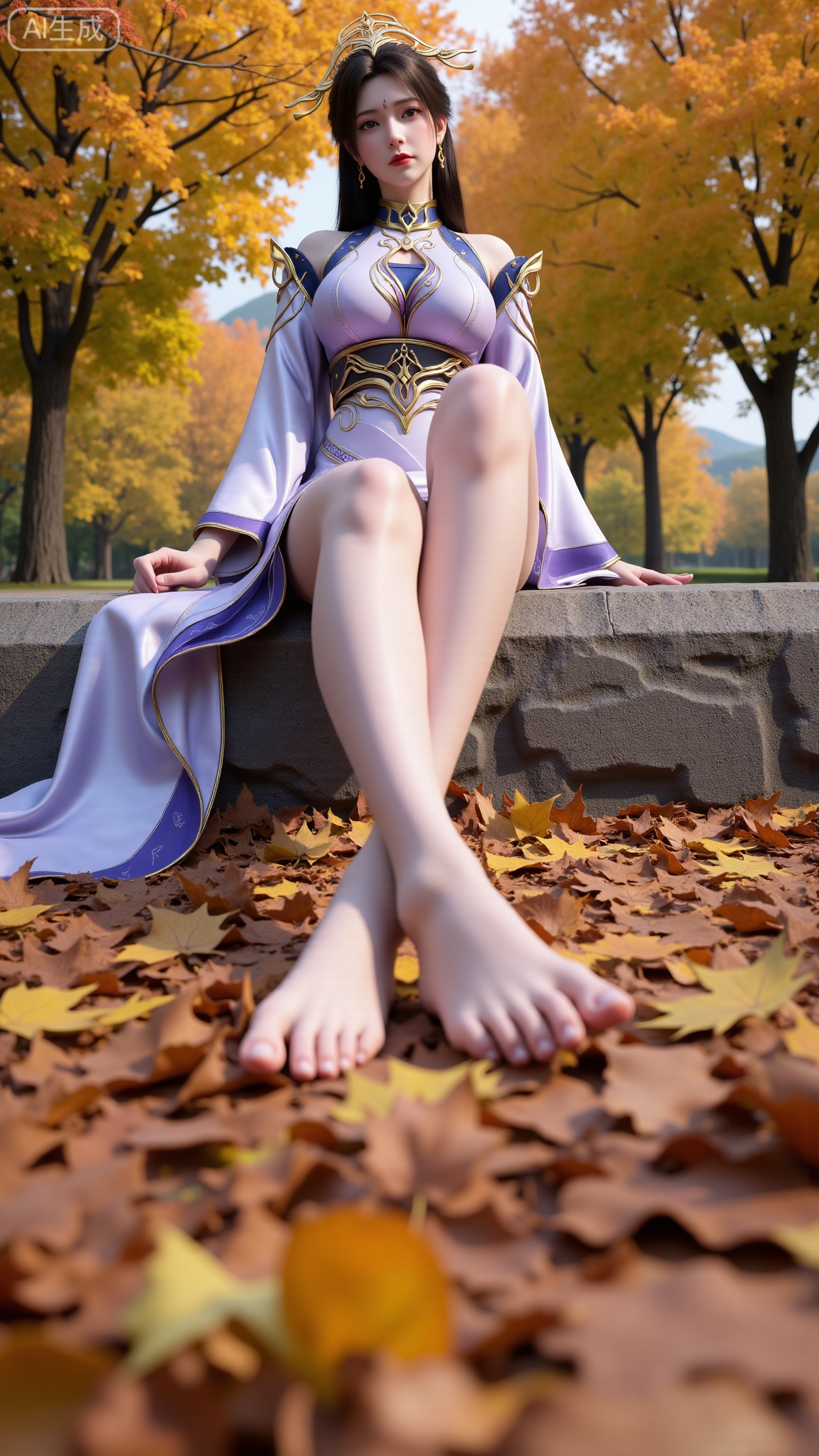 A beautiful woman seated on a stone, barefoot with a close - up of her feet. Taken from a low - angle perspective. Overall Concept: Create a visually stunning, aesthetically pleasing scene where the subject seamlessly blends with the natural environment, facing the viewer directly. The composition fully encompasses the character and the surrounding autumnal foliage, offering an expansive view. The character serves as the focal point, while the fallen leaves enhance the overall ambiance. Key elements include maple trees and fallen leaves. Perspective: The subject looks directly into the camera. Shot from a low - angle, upward perspective, this vantage point clearly showcases the spatial relationship between the character and the fallen leaves on the ground, providing a unique visual experience. Poses: Seated on the stone, one hand rests naturally on her leg, while the other relaxes by her side. Emphasize her delicate hands and fingers..,(huge breasts:2.99),(full breasts:2.99), , 
,XbaifengsongyuYH,Xbigbreasts,,XmuplXY,XmupeilingXY2,XanmiaoyiXY,XchuxuanerXZ,XxuxinXZ,XchuxuanerXG