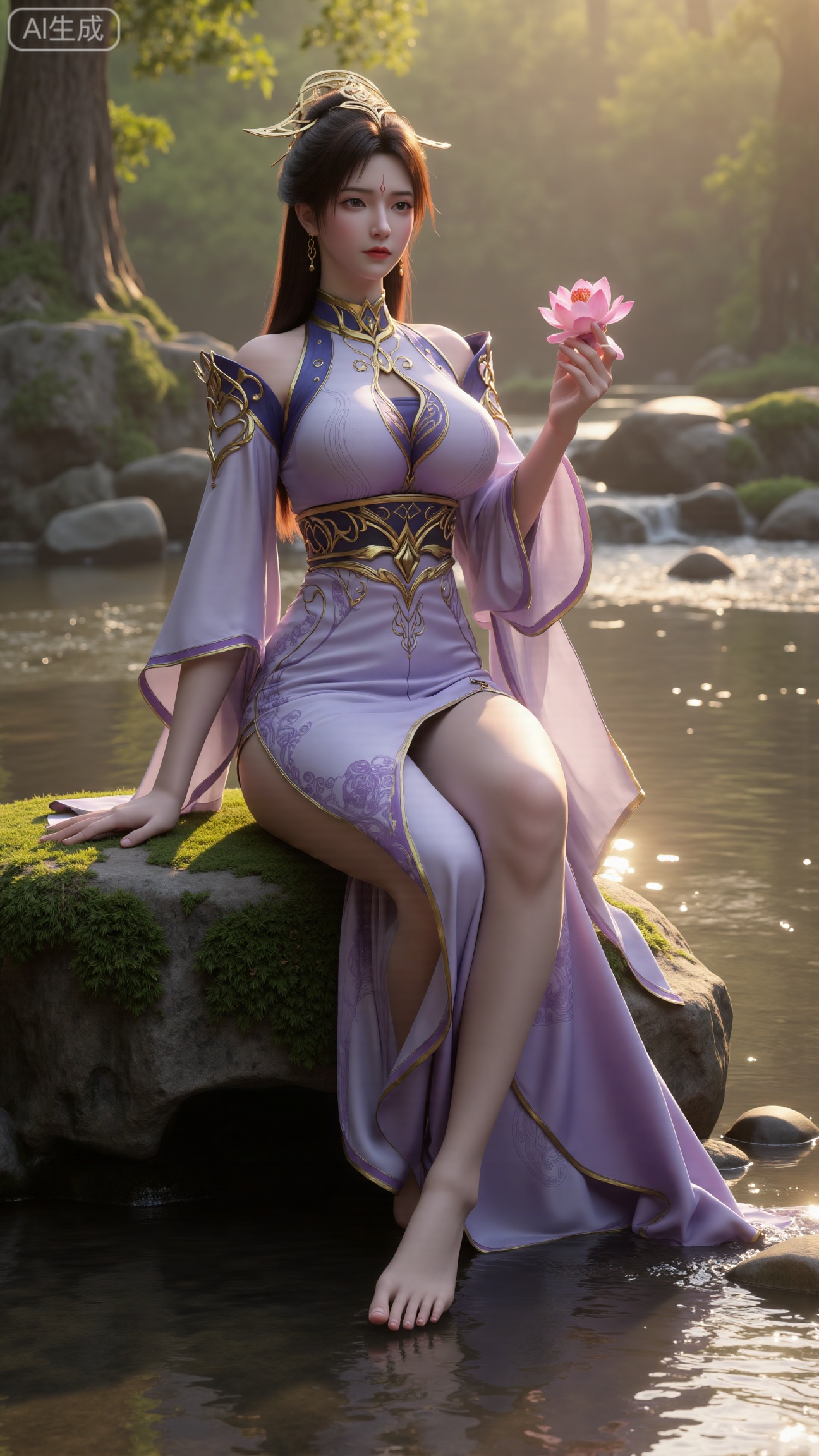 (masterpiece:1.3), ultra-detailed, 8k, photorealistic, best quality, cinematic lighting, volumetric sunlight, soft shadows, subsurface scattering, depth of field,  
A stunning young woman sits gracefully barefoot on a moss-covered rock beside a crystal-clear stream in a tranquil forest. The sunlight filters through the trees, casting dappled golden light on her smooth skin and the rippling water.  
She wears an exquisite long dress with fine pink and gold embroidery across the chest and short sleeves. Her long, dark hair flows naturally over her shoulders, softly illuminated by the warm light.  
Her bare feet touch the cool moss and shallow water, adding a sense of intimacy and realism. One hand rests gently on her hip, while the other holds a blooming lotus flower, her expression calm and serene.  
Mist rises gently from the water, with reflections dancing on the surface, creating a peaceful, ethereal atmosphere.  
(background with mossy stones, flowing stream, forest sunlight, soft haze, and gentle reflections:1.6), (realistic skin texture:1.3), (natural color tones:1.3), (film look:1.2)
(huge breasts:2.99),(full breasts:2.99),,
,XbaifengsongyuYH,Xbigbreasts,,XtianqiongYH,XhanyunzhiXYH,XanmyXY,XmupeilingX,XmupeilingX2,Xchangtui,XmuplXY,XmupeilingXY2,XanmiaoyiXY,XchuxuanerXZ,XxuxinXZ,XchuxuanerXG