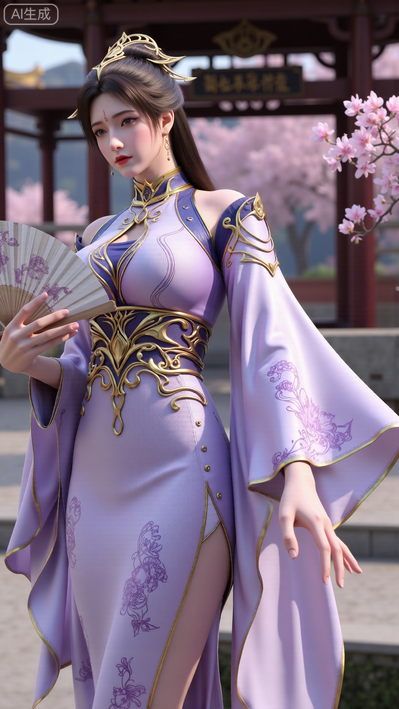 (masterpiece, best quality:1.23)A long - legged ancient - style courtesan girl, wearing a gorgeous and lightweight brocade ruqun. The hem of the skirt is embroidered with delicate peony patterns, with bright colors. She wears a semi - transparent gauze cape, fluttering in the wind. Her hair is combed into a complex bun, adorned with gold hairpins and pearl - jade headdresses, red ruby earrings on her ears, and a jade necklace around her neck. Holding a folding fan painted with orchids, standing in front of an antique pavilion, with a blooming peach tree behind her, showing a charming and amorous style,(huge breasts, full breasts:2.98), , 
,XbaifengsongyuYH,Xbigbreasts,,XmuplXY,XmupeilingXY2,XanmiaoyiXY,XchuxuanerXZ,XxuxinXZ,XchuxuanerXG