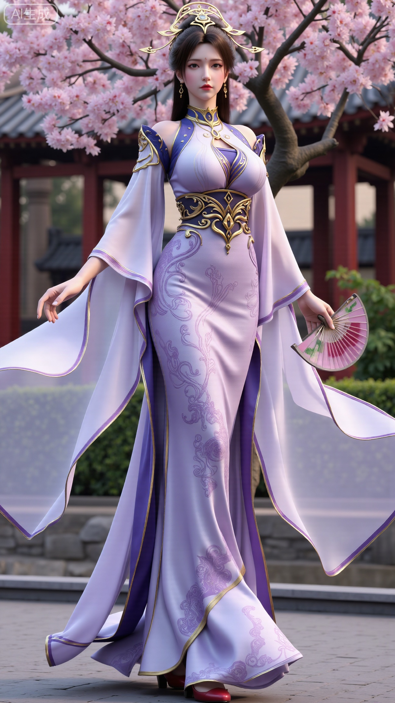 (masterpiece, best quality:1.23)A long - legged ancient - style courtesan girl, wearing a gorgeous and lightweight brocade ruqun. The hem of the skirt is embroidered with delicate peony patterns, with bright colors. She wears a semi - transparent gauze cape, fluttering in the wind. Her hair is combed into a complex bun, adorned with gold hairpins and pearl - jade headdresses, red ruby earrings on her ears, and a jade necklace around her neck. Holding a folding fan painted with orchids, standing in front of an antique pavilion, with a blooming peach tree behind her, showing a charming and amorous style,(huge breasts, full breasts:2.98), , 
,XbaifengsongyuYH,Xbigbreasts,,XmuplXY,XmupeilingXY2,XanmiaoyiXY,XchuxuanerXZ,XxuxinXZ,XchuxuanerXG