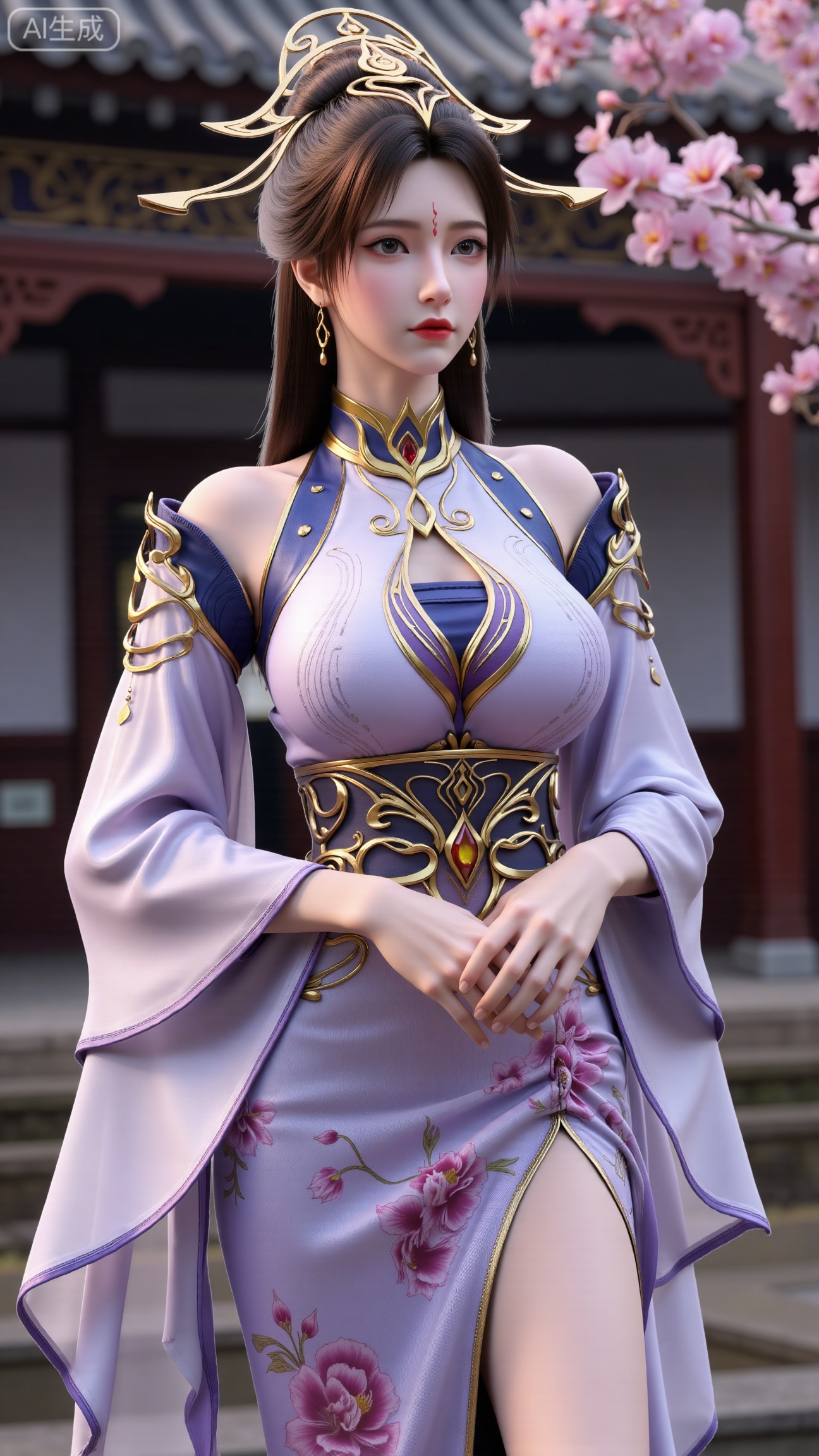 (masterpiece, best quality:1.23)A long - legged ancient - style courtesan girl, wearing a gorgeous and lightweight brocade ruqun. The hem of the skirt is embroidered with delicate peony patterns, with bright colors. She wears a semi - transparent gauze cape, fluttering in the wind. Her hair is combed into a complex bun, adorned with gold hairpins and pearl - jade headdresses, red ruby earrings on her ears, and a jade necklace around her neck. Holding a folding fan painted with orchids, standing in front of an antique pavilion, with a blooming peach tree behind her, showing a charming and amorous style,(huge breasts, full breasts:2.98), , 
,XbaifengsongyuYH,Xbigbreasts,,XmuplXY,XmupeilingXY2,XanmiaoyiXY,XchuxuanerXZ,XxuxinXZ,XchuxuanerXG