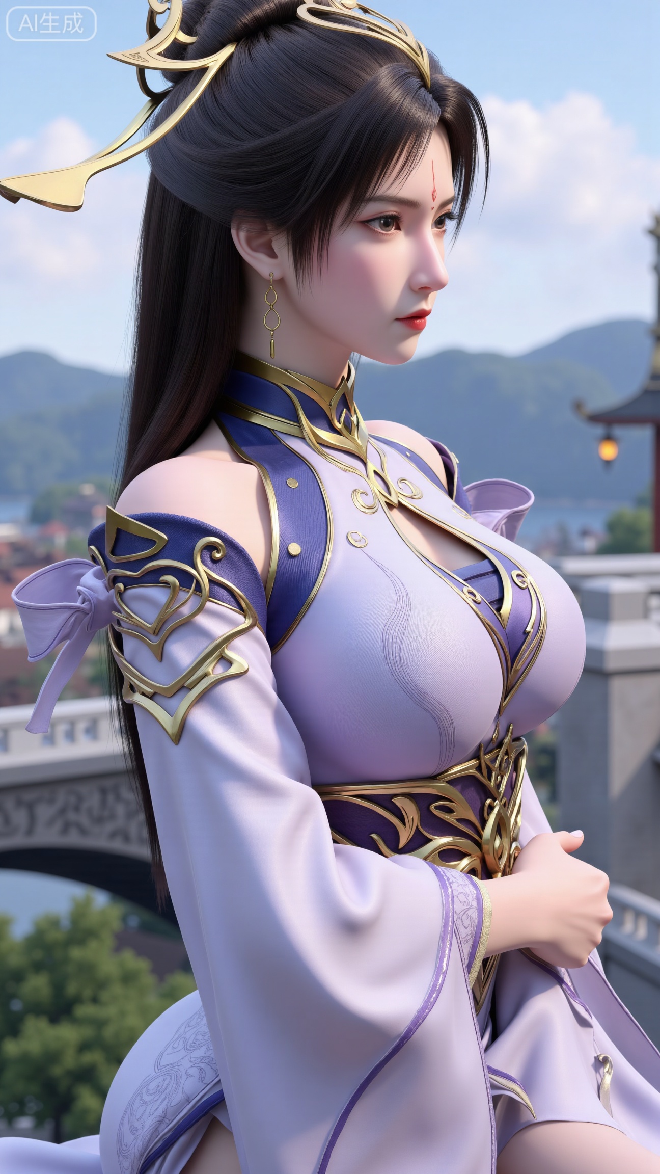 (masterpiece, best quality:1.2),1 girl, solo, long hair, black hair, hair accessories, clothing, cleavage cuts, long dress, jewelry, upper body, earrings. Background is outdoor, sky, clouds, water, trees, architecture, landscape, lantern, mountain, dragon, architecture, bridge, east Asian architecture, fog, pagoda,,(huge breasts:2.99),(full breasts:2.99),, 
,XbaifengsongyuYH,Xbigbreasts,,XmuplXY,XmupeilingXY2,XanmiaoyiXY,XchuxuanerXZ,XxuxinXZ,XchuxuanerXG