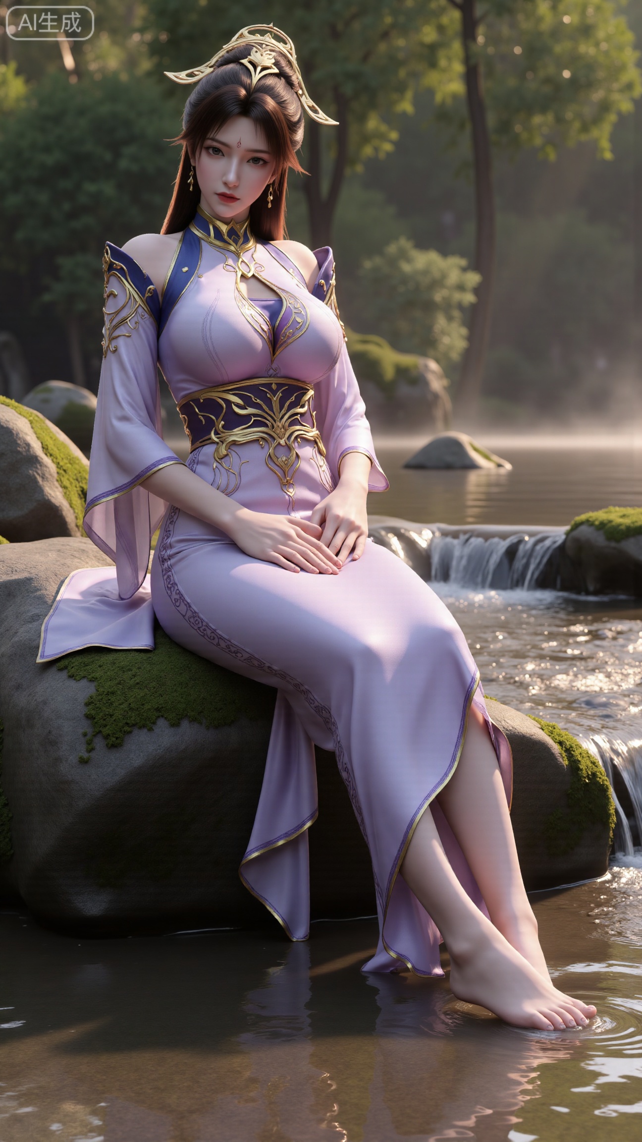 (masterpiece:1.3), ultra-detailed, 8k, photorealistic, best quality, cinematic lighting, volumetric sunlight, soft shadows, subsurface scattering, depth of field, A stunning young woman sits gracefully barefoot on a moss-covered rock beside a crystal-clear stream in a tranquil forest. The sunlight filters through the trees, casting dappled golden light on her smooth skin and the rippling water. She wears an exquisite long dress with fine pink and gold embroidery across the chest and short sleeves. Her long, dark hair flows naturally over her shoulders, softly illuminated by the warm light. Her bare feet touch the cool moss and shallow water, adding a sense of intimacy and realism. One hand rests gently on her hip, while the other holds a blooming lotus flower, her expression calm and serene. Mist rises gently from the water, with reflections dancing on the surface, creating a peaceful, ethereal atmosphere. (background with mossy stones, flowing stream, forest sunlight, soft haze, and gentle reflections:1.6), (realistic skin texture:1.3), (natural color tones:1.3), (film look:1.2) (huge breasts:2.99),(full breasts:2.99),,Xbigbreasts,XbaifengsongyuYH,XliuyuYH2,XanmyXM,XlanxianYH,XtianqiongYH,Xxiantainvzi,Xchangtui,XmupeilingX2,XanmyXY,XmuplXY,XmupeilingXY2,XchuxuanerXG,XxuxinXZ,XchuxuanerXZ