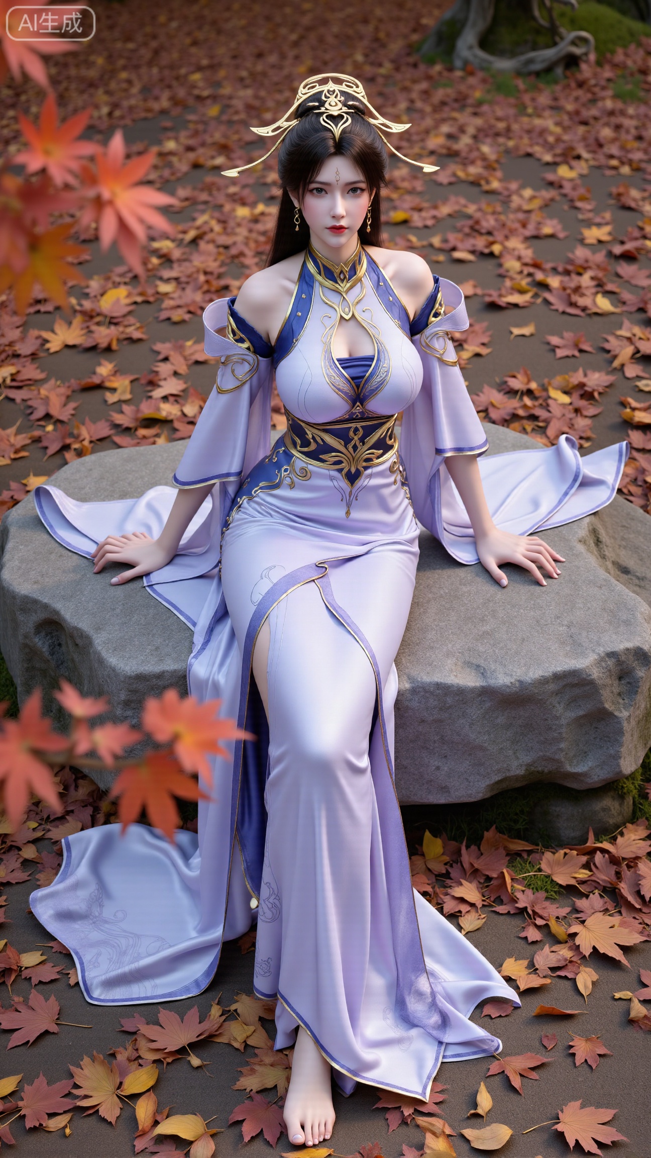 (masterpiece, best quality:1.2),A beautiful woman seated on a stone, barefoot with a close - up of her feet. Taken from a low - angle perspective. Overall Concept: Create a visually stunning, aesthetically pleasing scene where the subject seamlessly blends with the natural environment, facing the viewer directly. The composition fully encompasses the character and the surrounding autumnal foliage, offering an expansive view. The character serves as the focal point, while the fallen leaves enhance the overall ambiance. Key elements include maple trees and fallen leaves. Perspective: The subject looks directly into the camera. Shot from a low - angle, upward perspective, this vantage point clearly showcases the spatial relationship between the character and the fallen leaves on the ground, providing a unique visual experience. Poses: Seated on the stone, one hand rests naturally on her leg, while the other relaxes by her side. Emphasize her delicate hands and fingers. Character Description: An Eastern - styled ancient - aesthetic female character with a slender and graceful figure. She wears a forehead ornament, has long black hair, exquisitely detailed eyes, and colored contact lenses. Clothing: A xianxia - style long robe, adapted from traditional Hanfu. The main color is white, transitioning into a pale blue gradient. Features silver - white patterned embroidery. The fabric has a silk - like smooth texture, exhibiting a soft sheen that varies with different lighting conditions. - Structural Design: Strapless long dress with wide sleeves. The lower skirt is floor - length, featuring natural, flowing folds. Adorned with flowing ribbons. Hairstyle and Accessories - Hairstyle: A classic high chignon with long hair cascading naturally over her shoulders and back. The hair is shiny black, with a realistic texture. - Accessories: Silver hair ornaments, necklace, earrings, and other jewelry. The dress also has embroidery, and she wears a forehead ornament. Additional Details: Her slender legs are exposed, barefoot. Her toenails are manicured with shiny, transparent nail polish. Background: Set against an autumnal backdrop with fallen leaves, butterflies, and a ground carpeted with a rich palette of orange, yellow, and red autumn leaves. Include moss - covered stones, weeds, wildflowers, and a clear - flowing stream with fallen leaves floating on its surface. This creates a rich, serene autumnal atmosphere, highlighting the beauty of nature. A maple branch is positioned in the foreground of the shot.,(huge breasts:2.99),(full breasts:2.99),Xbigbreasts,XbaifengsongyuYH,XliuyuYH2,XanmyXM,XlanxianYH,XtianqiongYH,Xxiantainvzi,Xchangtui,XmupeilingX2,XanmyXY,XmuplXY,XmupeilingXY2,XchuxuanerXG,XxuxinXZ,XchuxuanerXZ