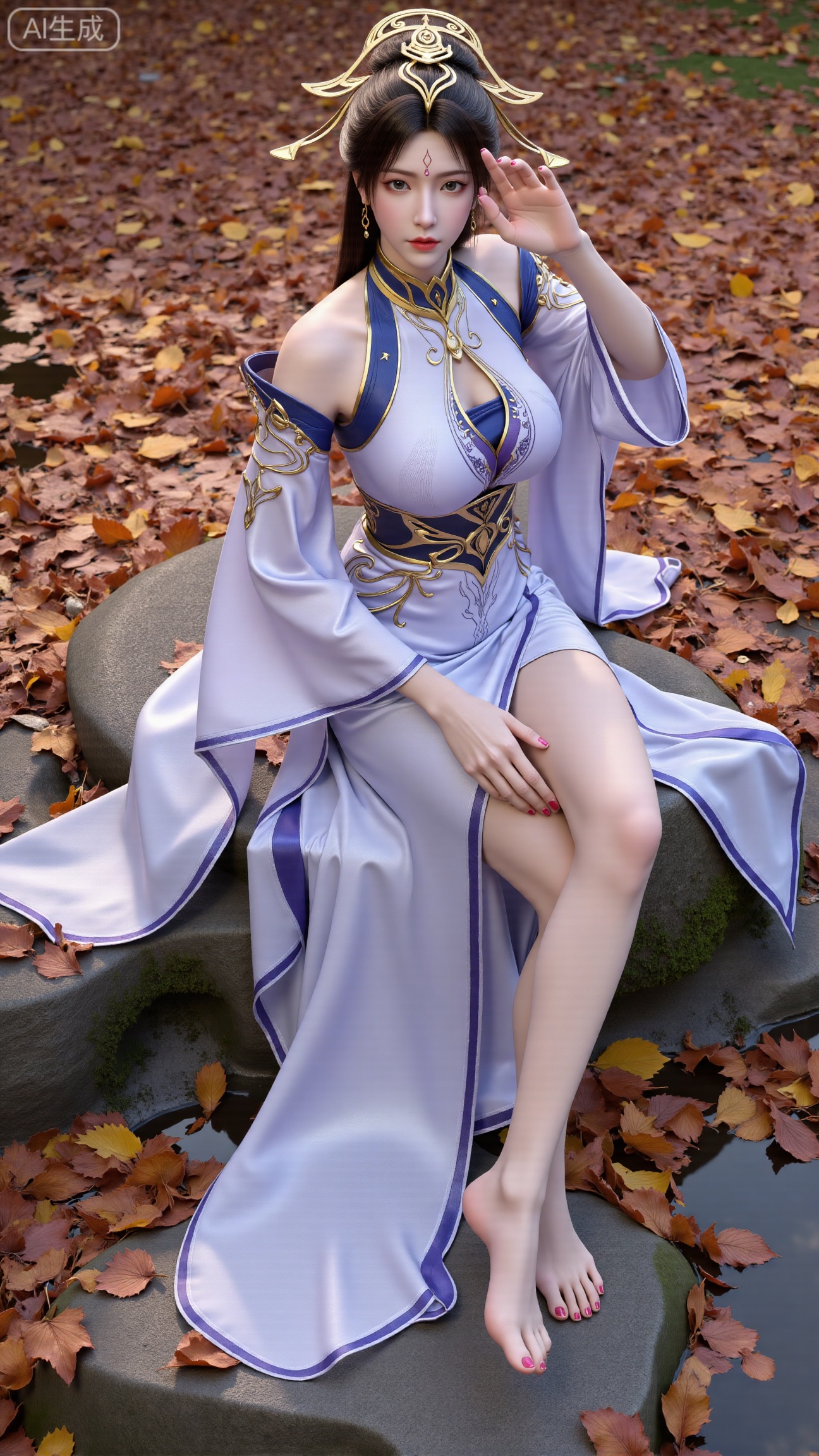 (masterpiece, best quality:1.2),A beautiful woman seated on a stone, barefoot with a close - up of her feet. Taken from a low - angle perspective. Overall Concept: Create a visually stunning, aesthetically pleasing scene where the subject seamlessly blends with the natural environment, facing the viewer directly. The composition fully encompasses the character and the surrounding autumnal foliage, offering an expansive view. The character serves as the focal point, while the fallen leaves enhance the overall ambiance. Key elements include maple trees and fallen leaves. Perspective: The subject looks directly into the camera. Shot from a low - angle, upward perspective, this vantage point clearly showcases the spatial relationship between the character and the fallen leaves on the ground, providing a unique visual experience. Poses: Seated on the stone, one hand rests naturally on her leg, while the other relaxes by her side. Emphasize her delicate hands and fingers. Character Description: An Eastern - styled ancient - aesthetic female character with a slender and graceful figure. She wears a forehead ornament, has long black hair, exquisitely detailed eyes, and colored contact lenses. Clothing: A xianxia - style long robe, adapted from traditional Hanfu. The main color is white, transitioning into a pale blue gradient. Features silver - white patterned embroidery. The fabric has a silk - like smooth texture, exhibiting a soft sheen that varies with different lighting conditions. - Structural Design: Strapless long dress with wide sleeves. The lower skirt is floor - length, featuring natural, flowing folds. Adorned with flowing ribbons. Hairstyle and Accessories - Hairstyle: A classic high chignon with long hair cascading naturally over her shoulders and back. The hair is shiny black, with a realistic texture. - Accessories: Silver hair ornaments, necklace, earrings, and other jewelry. The dress also has embroidery, and she wears a forehead ornament. Additional Details: Her slender legs are exposed, barefoot. Her toenails are manicured with shiny, transparent nail polish. Background: Set against an autumnal backdrop with fallen leaves, butterflies, and a ground carpeted with a rich palette of orange, yellow, and red autumn leaves. Include moss - covered stones, weeds, wildflowers, and a clear - flowing stream with fallen leaves floating on its surface. This creates a rich, serene autumnal atmosphere, highlighting the beauty of nature. A maple branch is positioned in the foreground of the shot.,(huge breasts:2.99),(full breasts:2.99),Xbigbreasts,XbaifengsongyuYH,XliuyuYH2,XanmyXM,XlanxianYH,XtianqiongYH,Xxiantainvzi,Xchangtui,XmupeilingX2,XanmyXY,XmuplXY,XmupeilingXY2,XchuxuanerXG,XxuxinXZ,XchuxuanerXZ